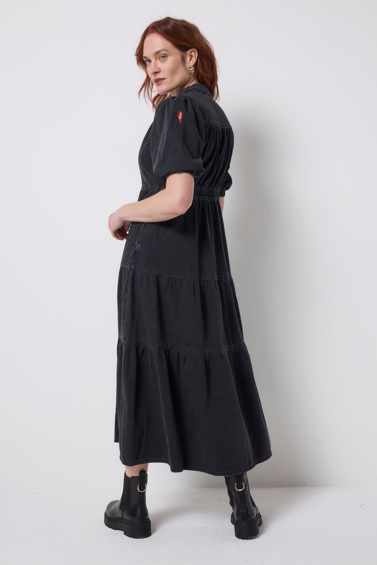 Washed Black Denim Zip Front Midi Tiered Dress