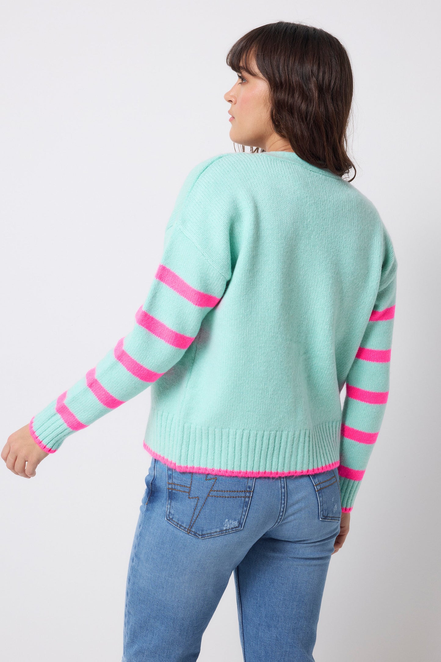 Pale Mint Green with Neon Pink Stripe Cardigan