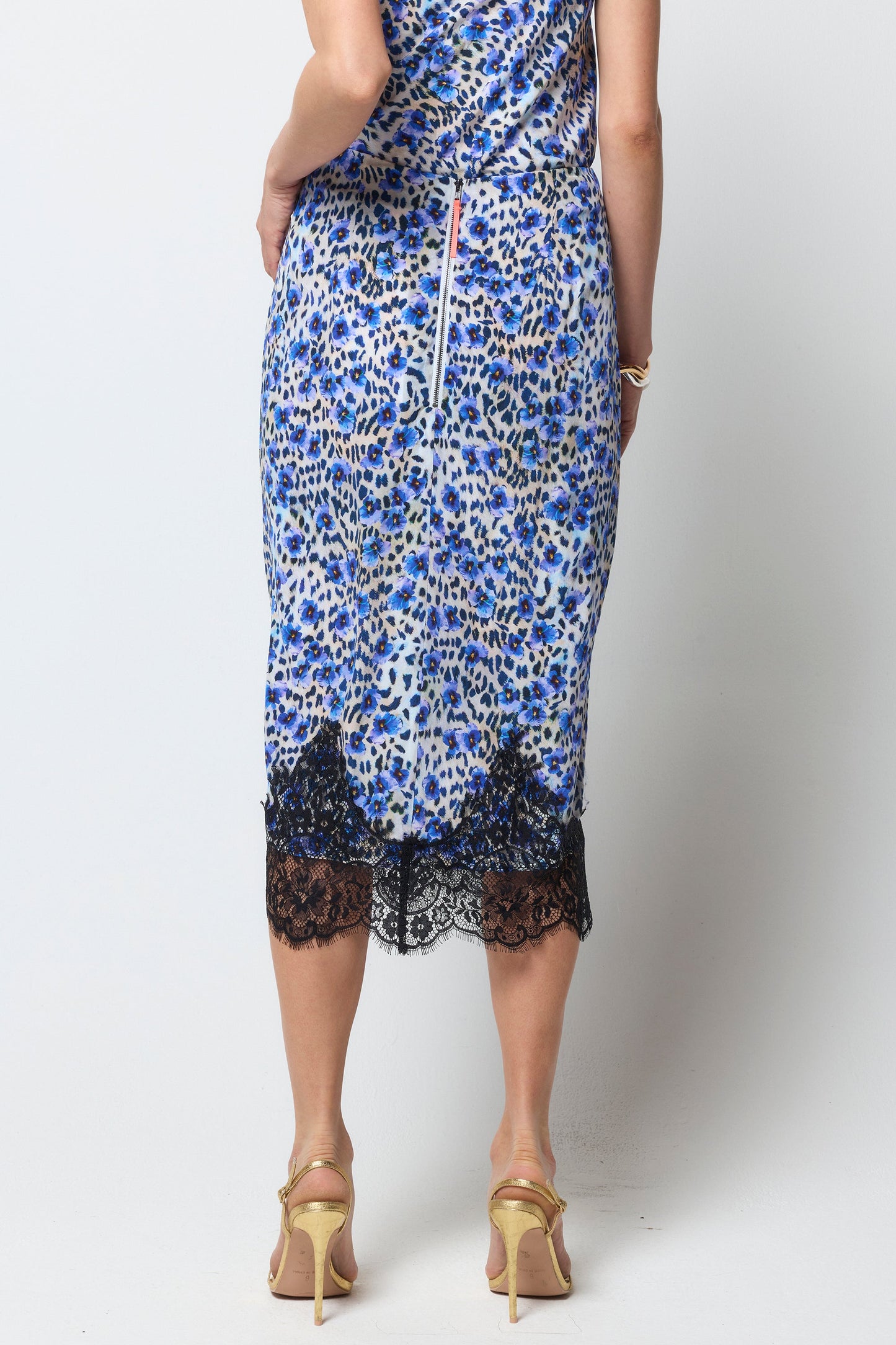 White with Blue Paradise Cheetah Lace Trim Midi Slip Skirt
