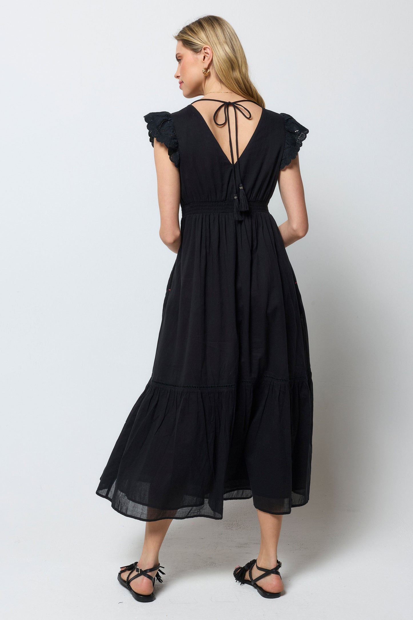 Black Broderie Sleeve Pintuck Midi Dress