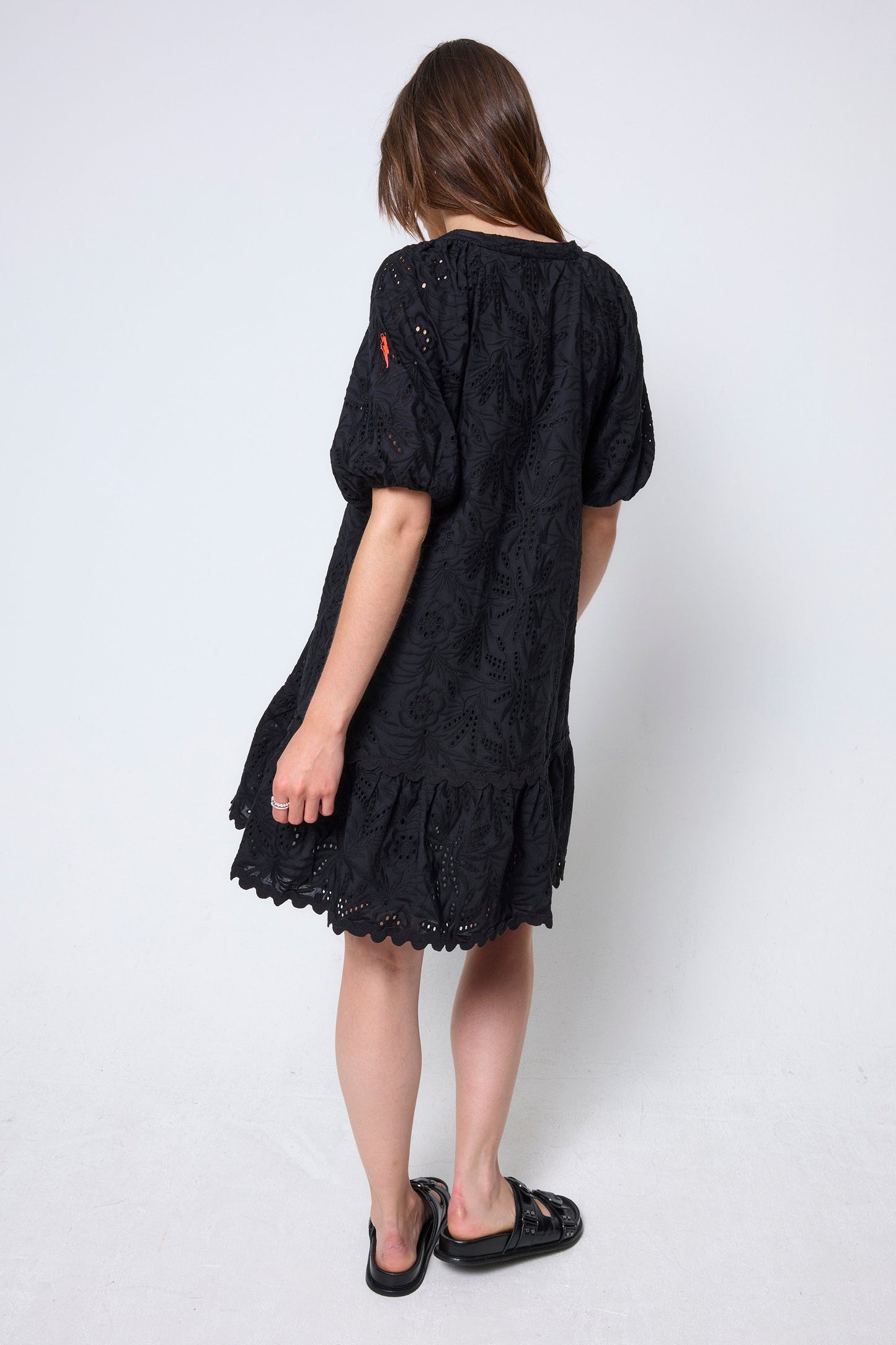 Black V-Neck Broderie Short Dress