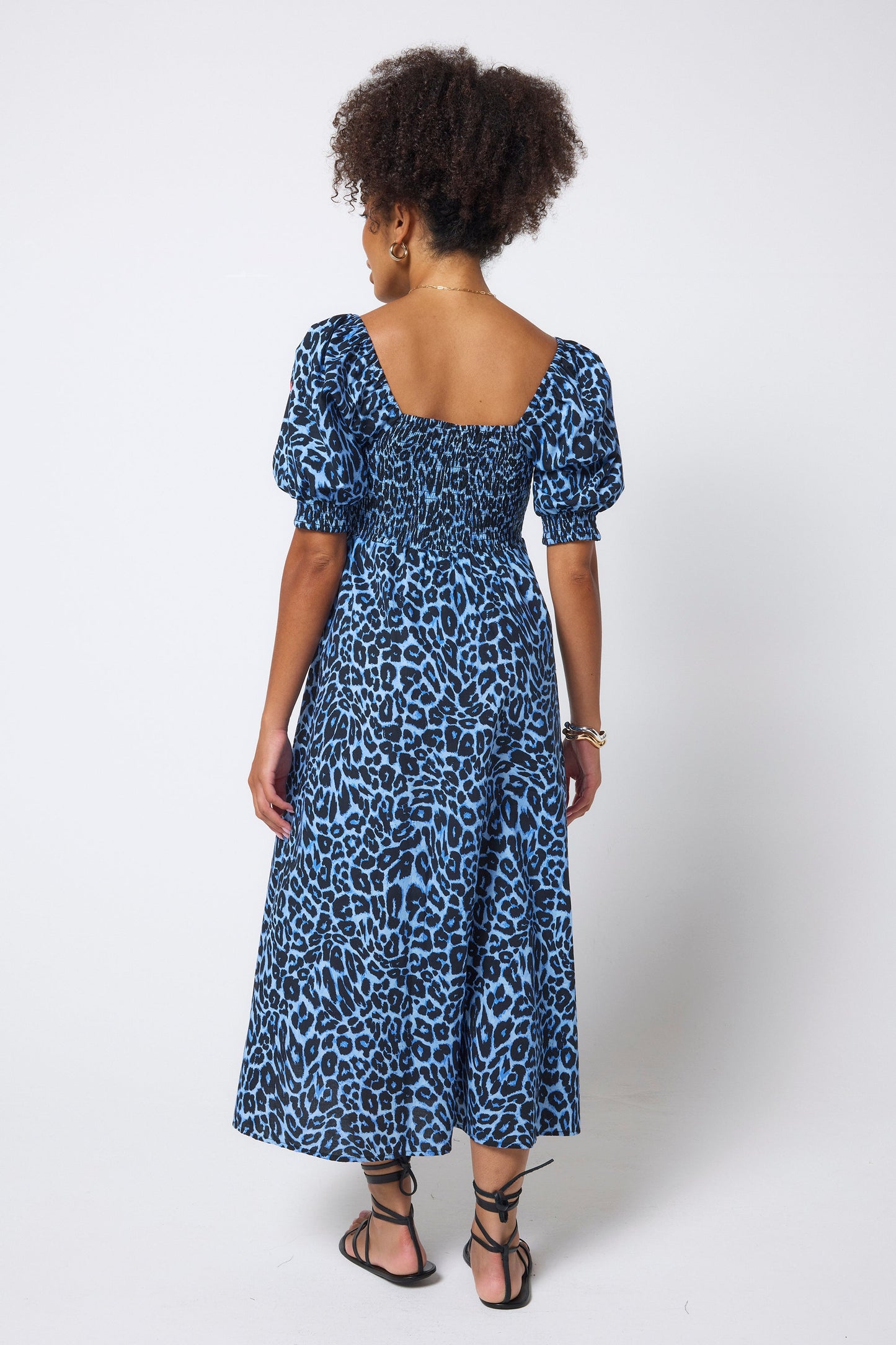 Blue Jaguar Wave Shirred Square Neck Midi Dress