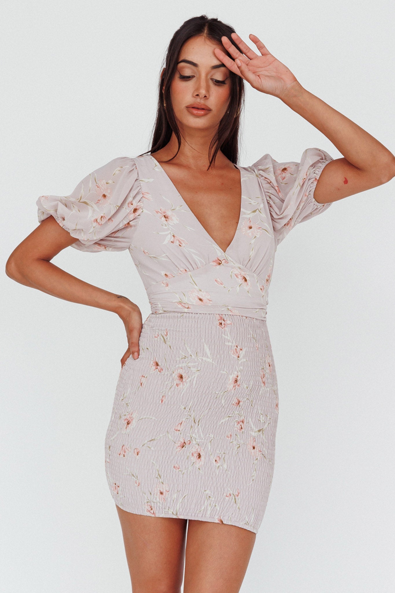 La Nena Shirred Mini Dress Floral Blush