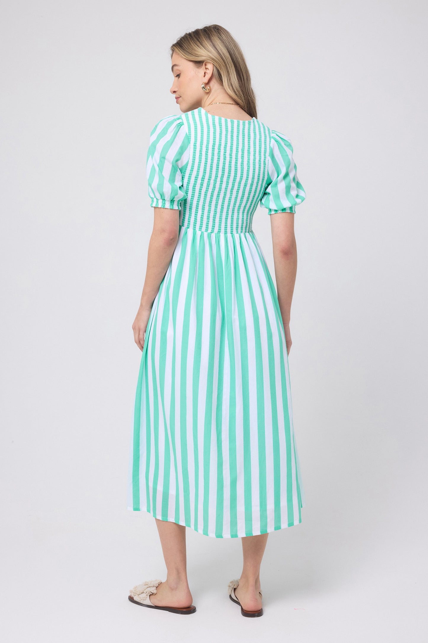 Green with White Stripe Shirred Zip Detail Midi Dress