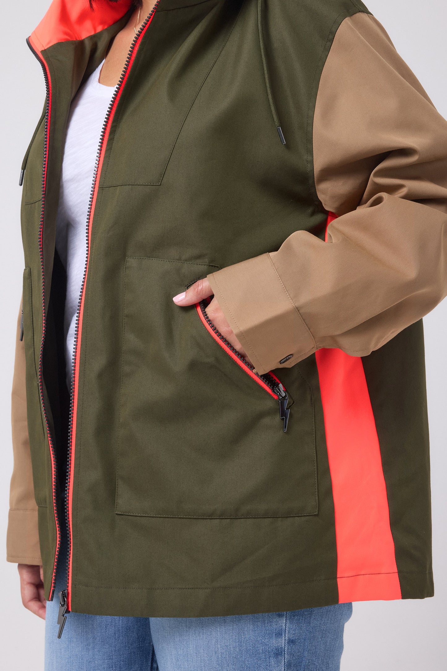 Khaki with Camel and Coral Colourblock Short Trench Coat