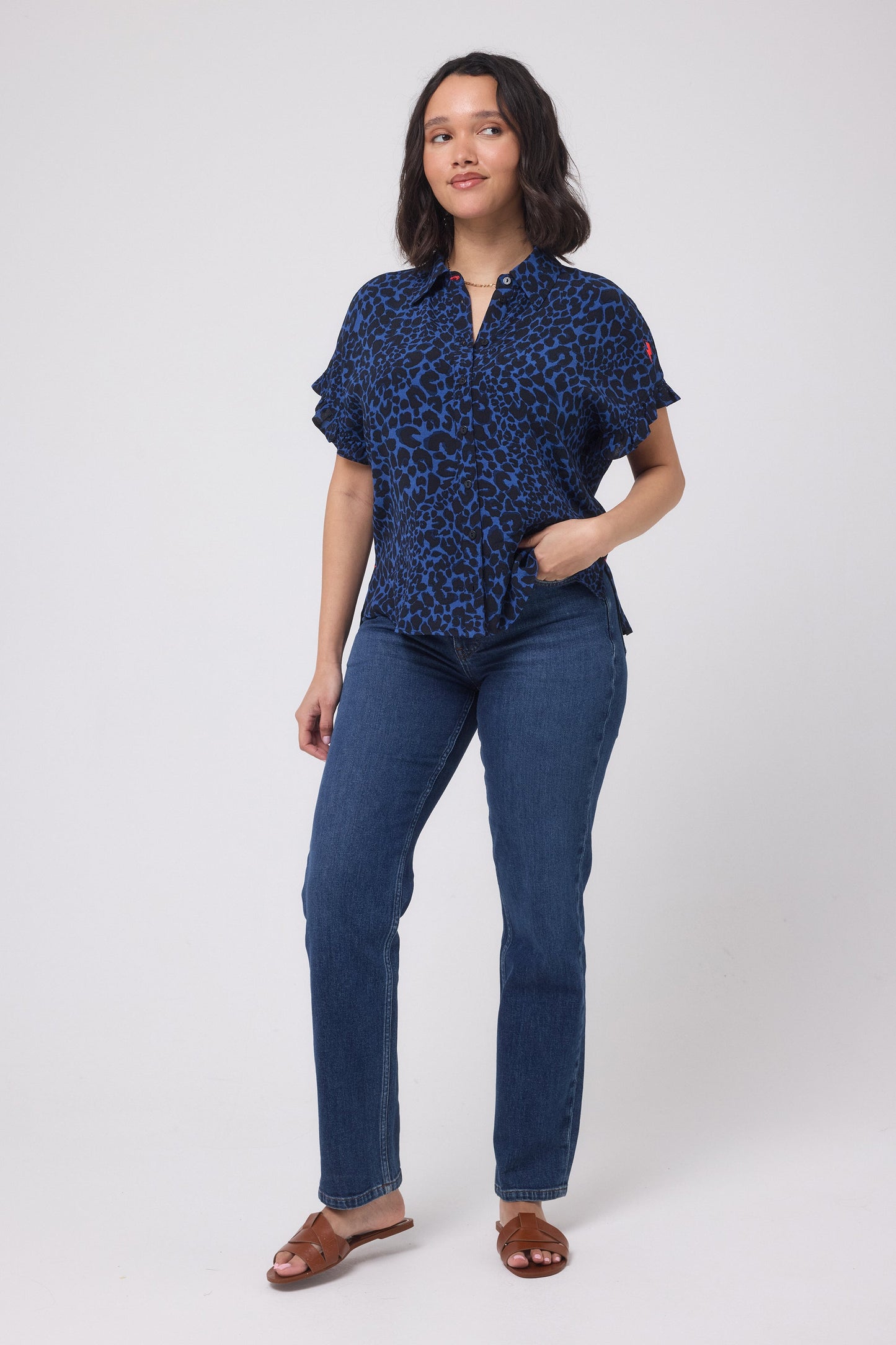 Navy with Black Rock and Roll Leopard Frill Sleeve Shirt