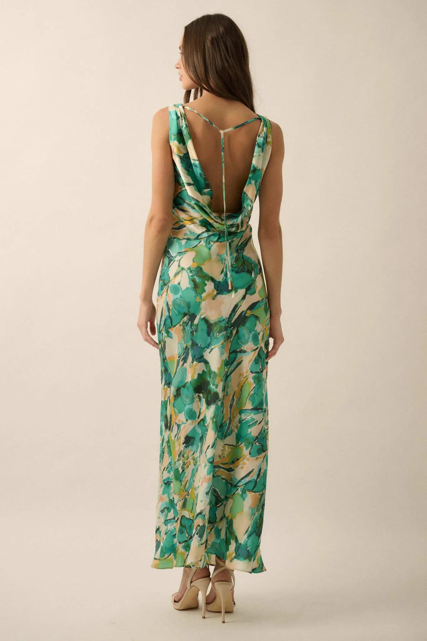 In Dreams Abstract-Print Satin Cowl-Back Maxi Dress
