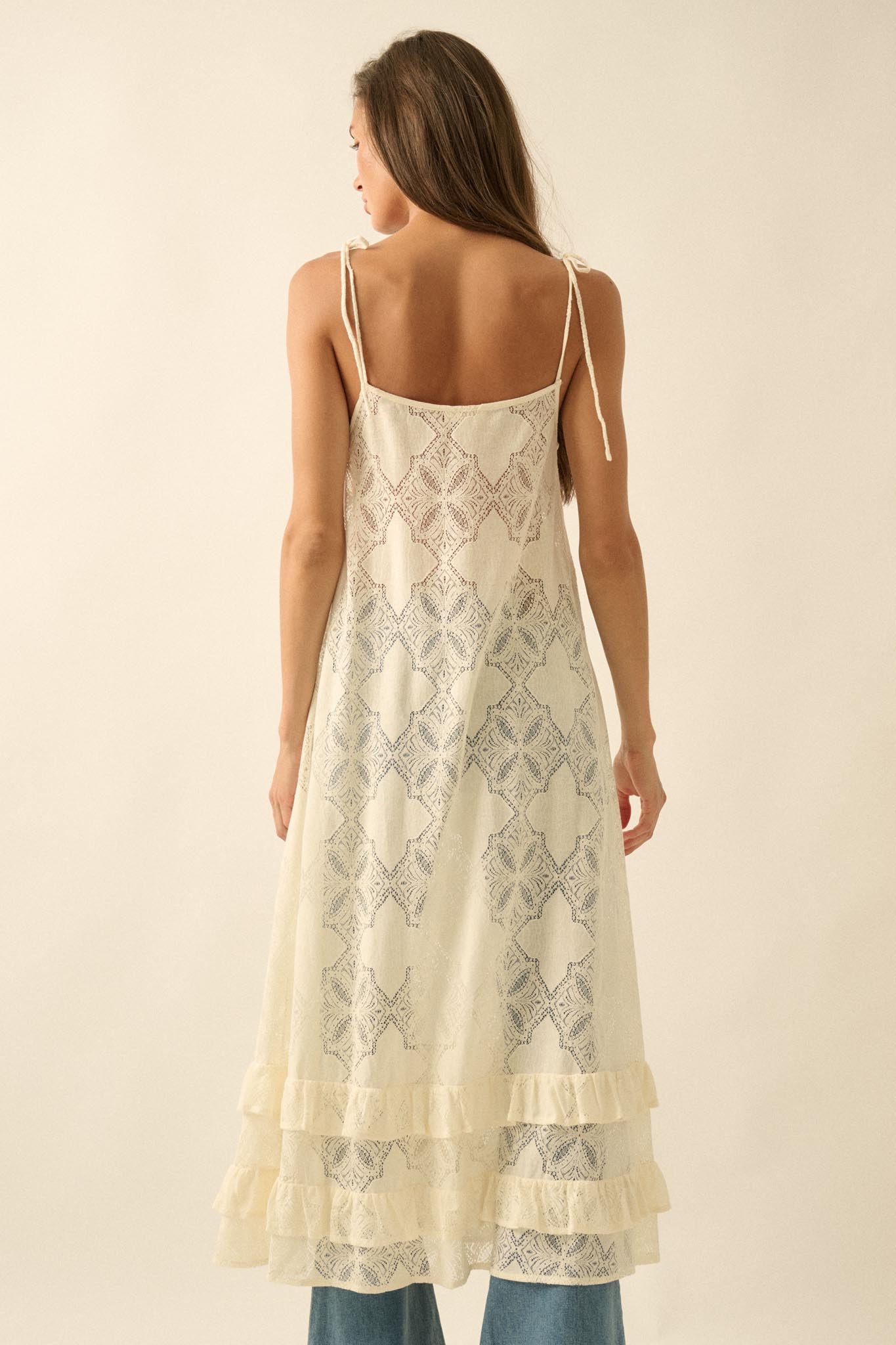 Flying High Sheer Lace Ruffled Layering Midi Dress