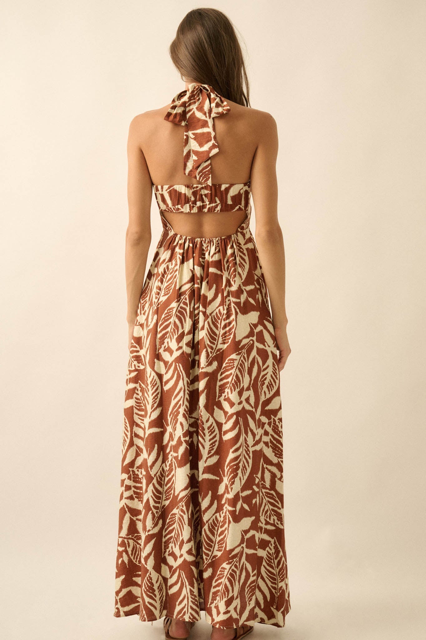 Jungle Heat Tropical-Print Halter Maxi Dress