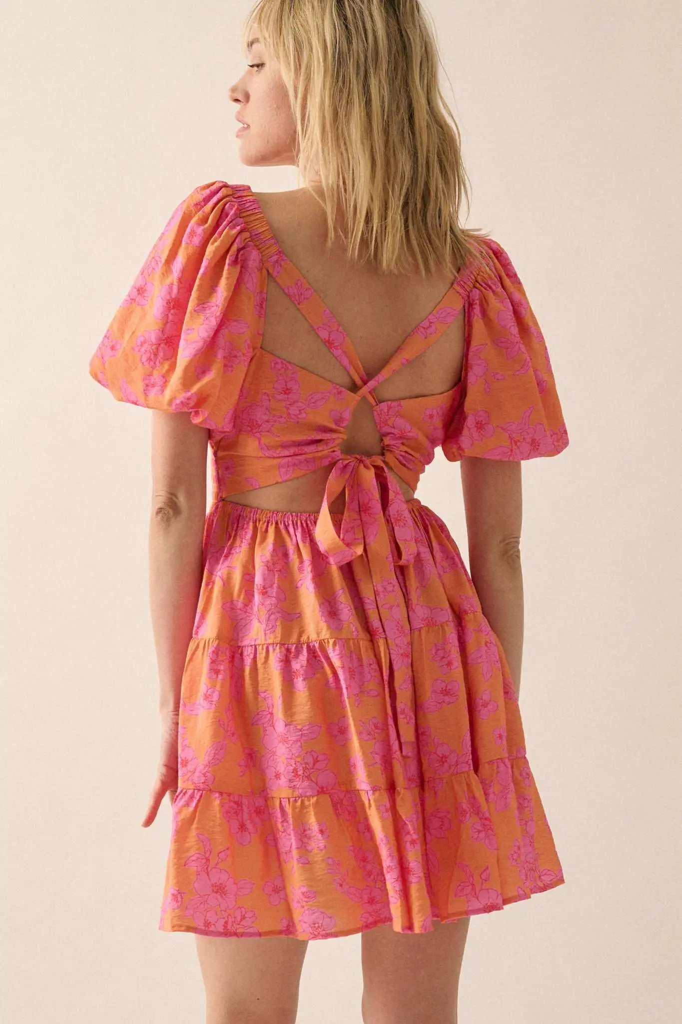 Morning Bloom Floral Puff-Sleeve Tiered Mini Dress