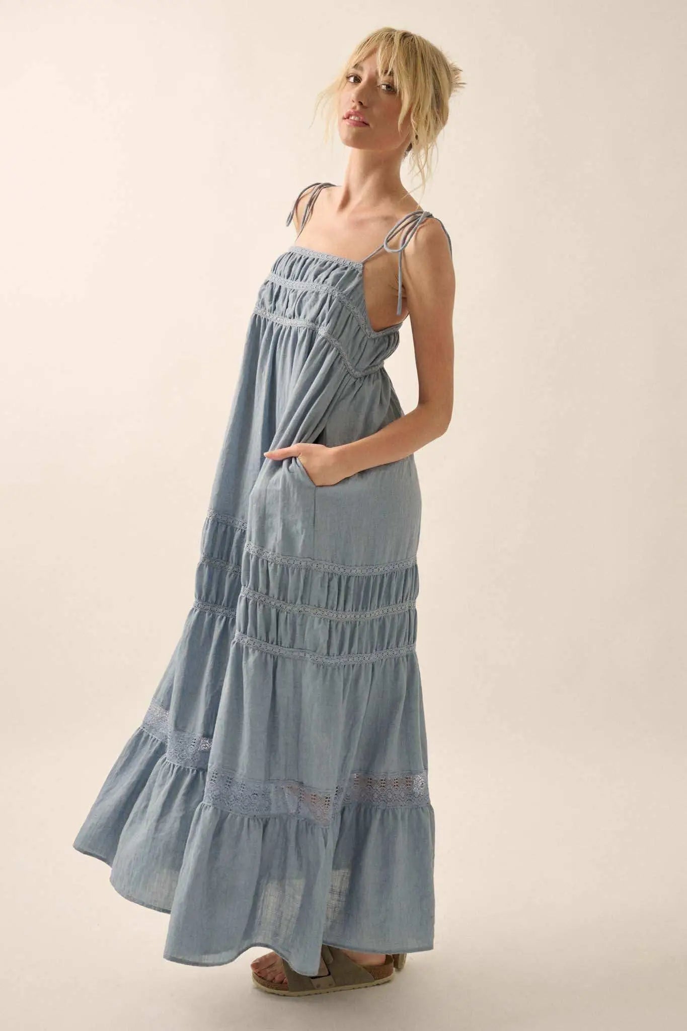 Down in the Valley Tiered Lace-Trim Maxi Dress