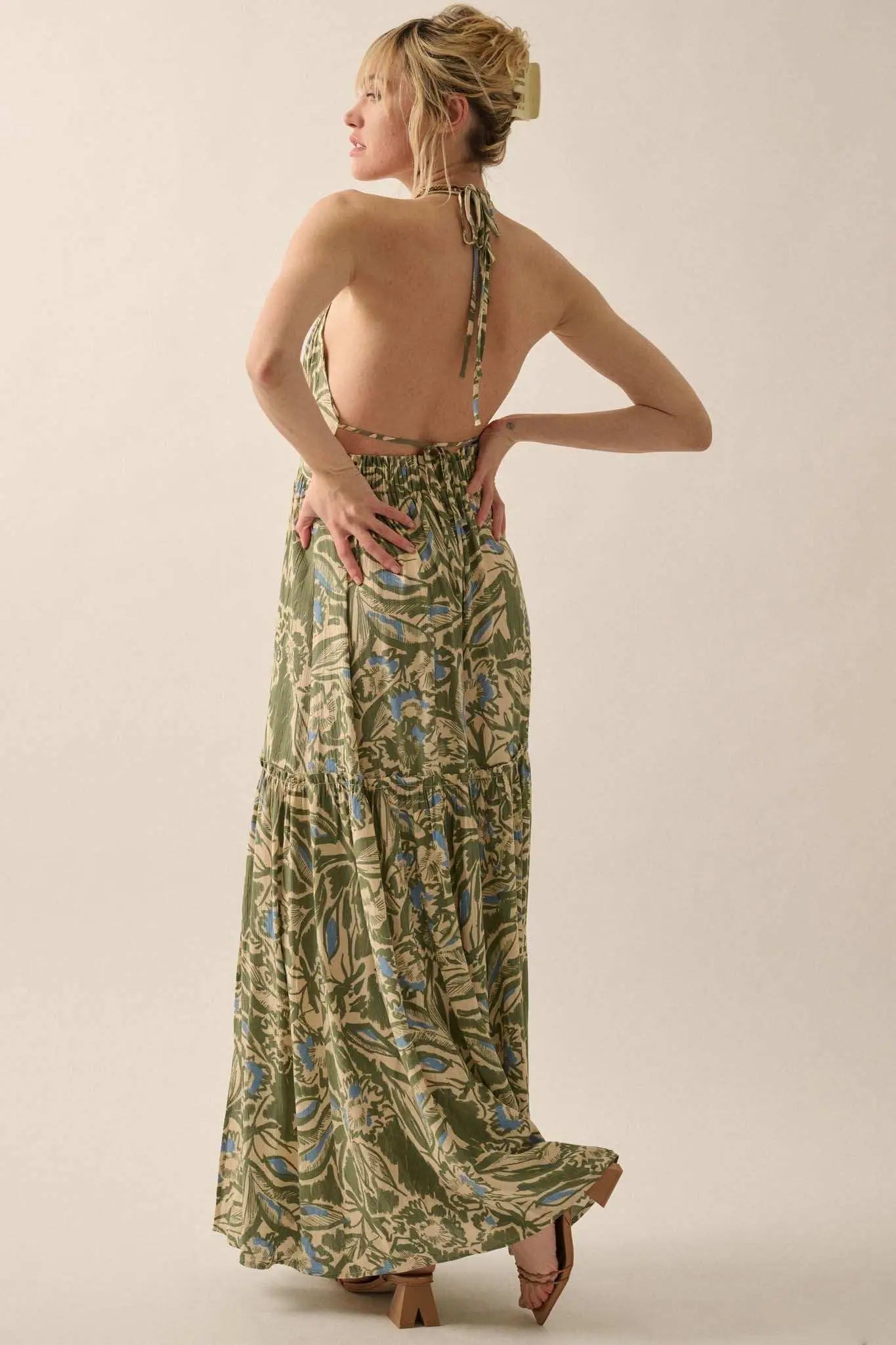Palm Paradise Tropical Floral Halter Maxi Dress