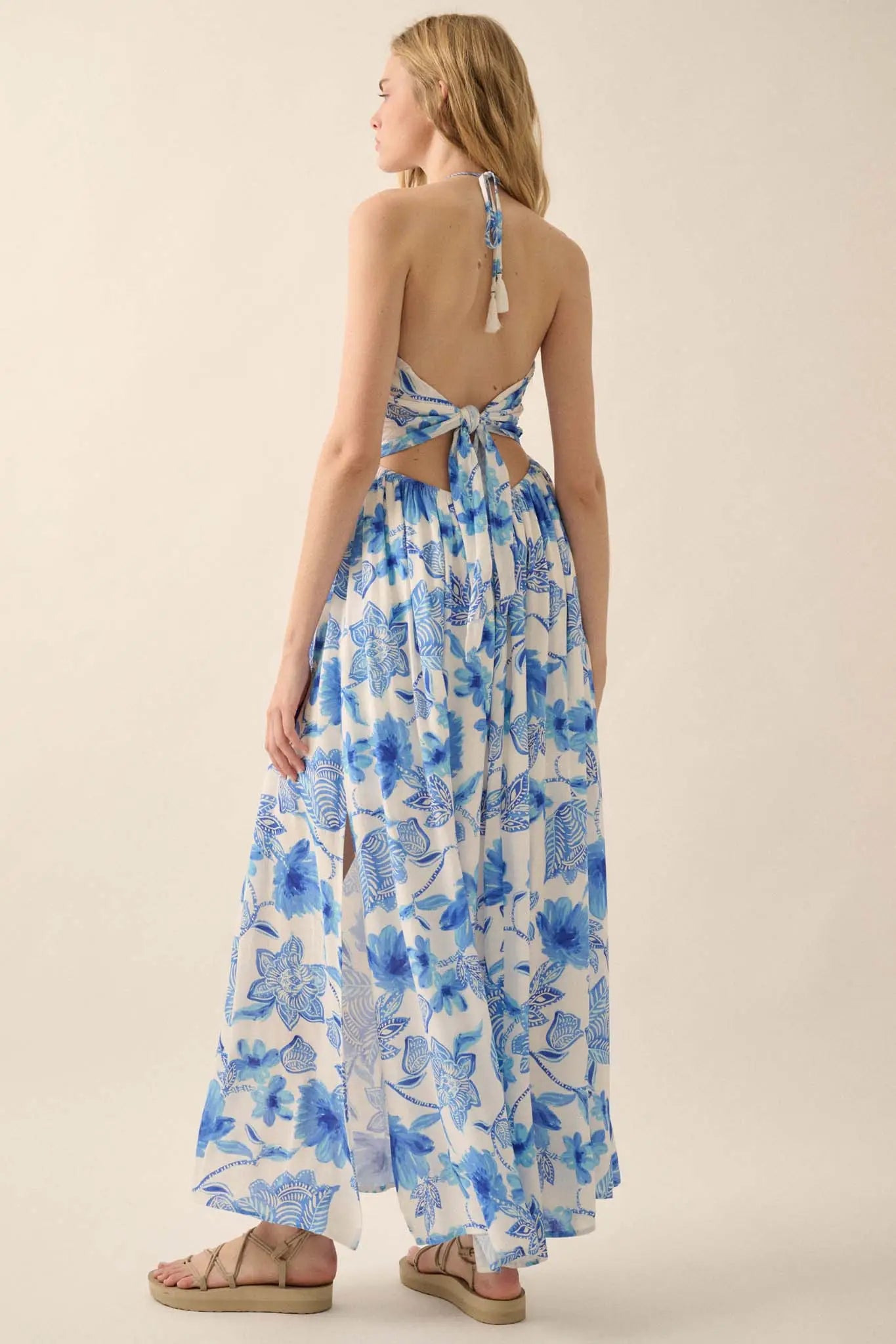 Blooming Season Floral Crepe Halter Maxi Dress