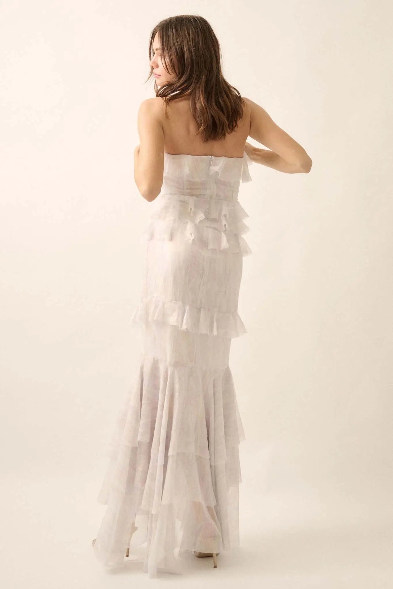 Opal Glow Strapless Iridescent Ruffle Maxi Dress