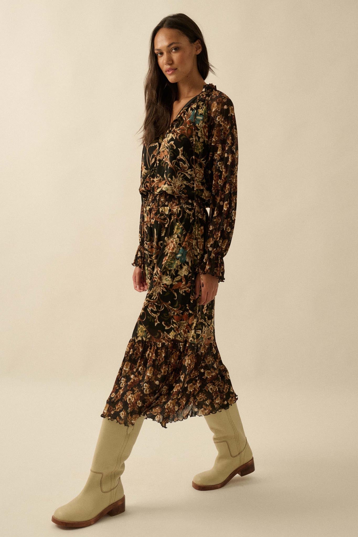 Dramatic Blooms Floral Mesh Buttoned Midi Dress