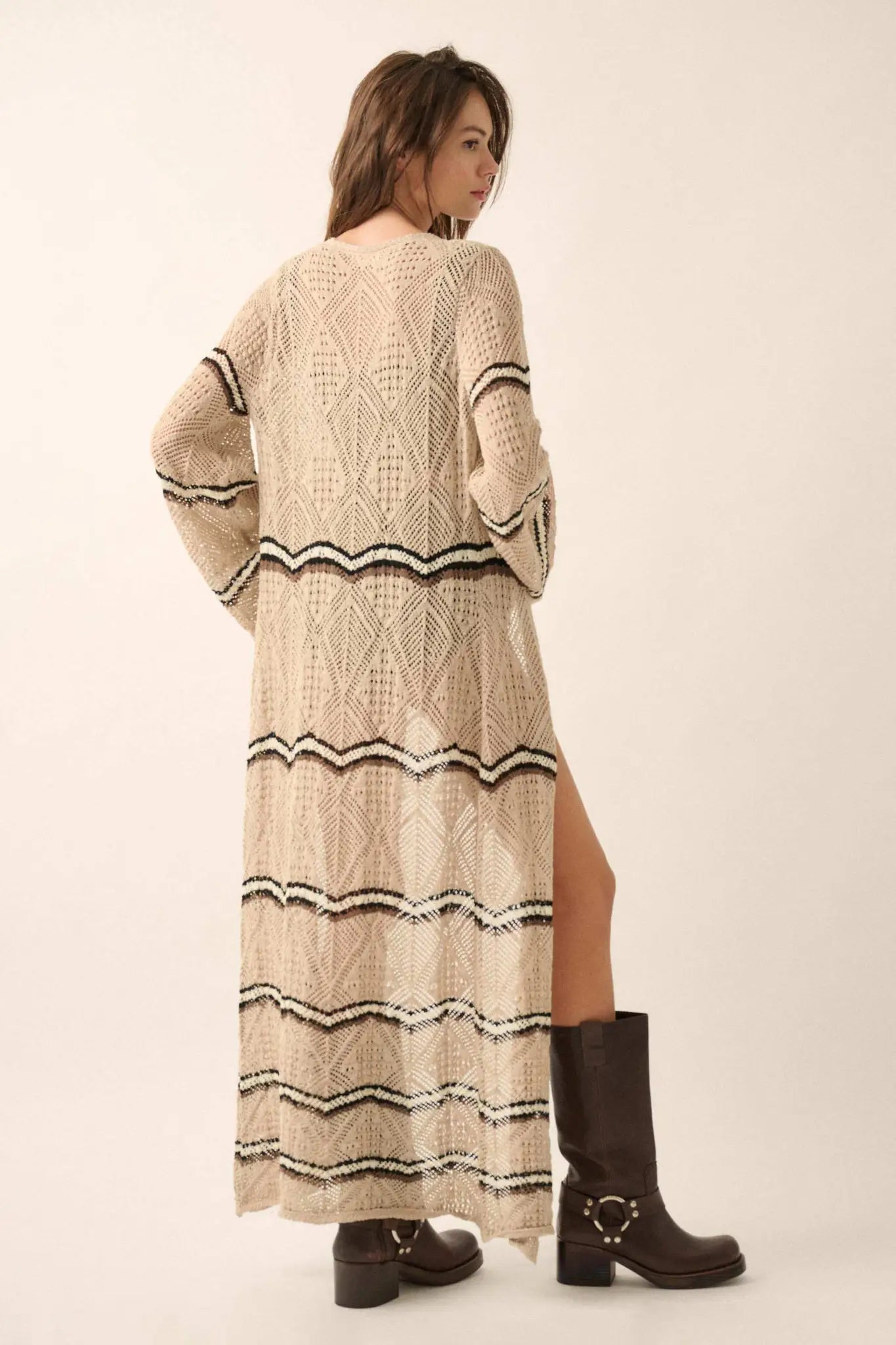Diamond Drift Striped Crochet Duster Cardigan