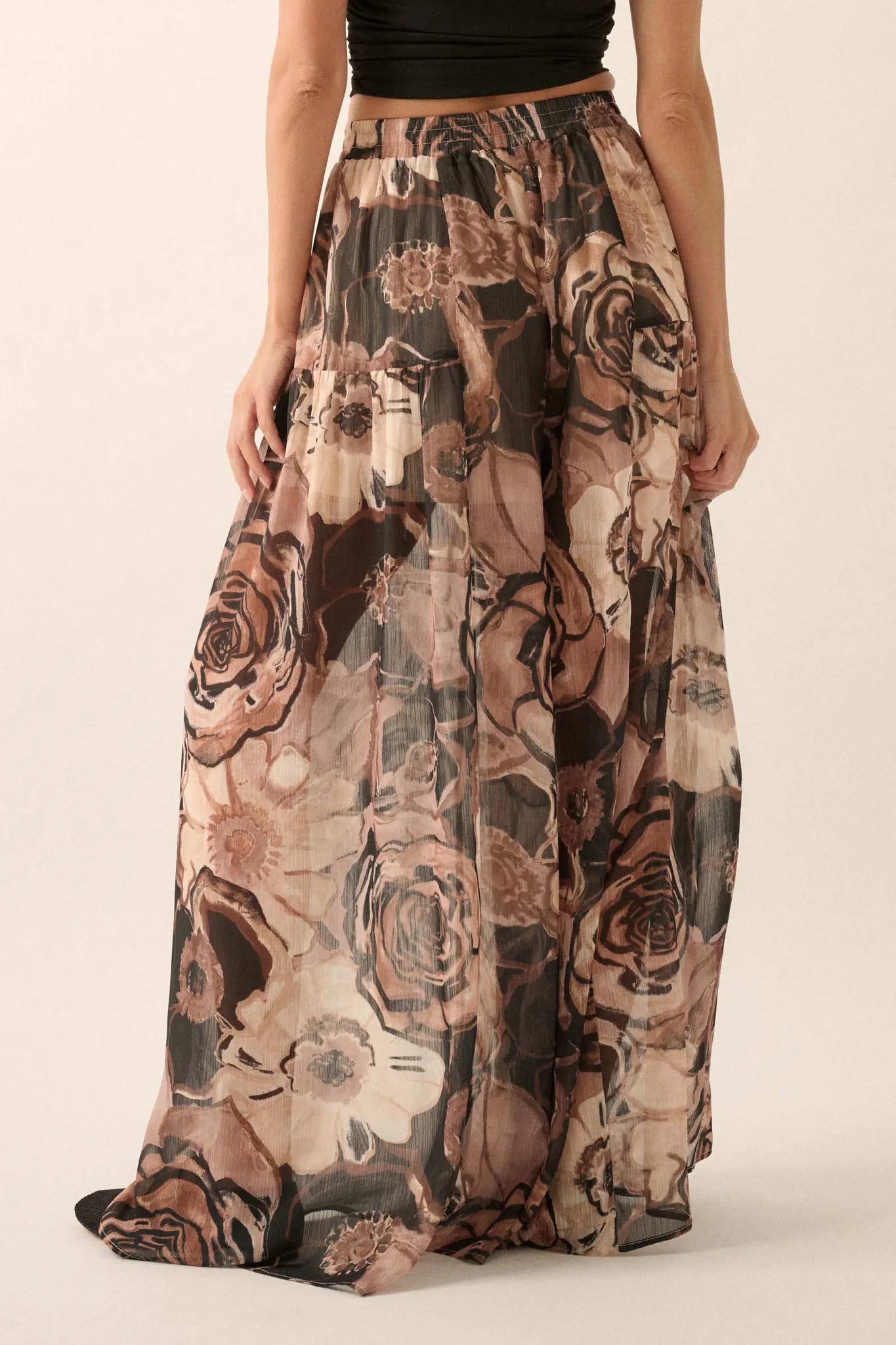 Billowing Blooms Floral Chiffon Wide-Leg Pants