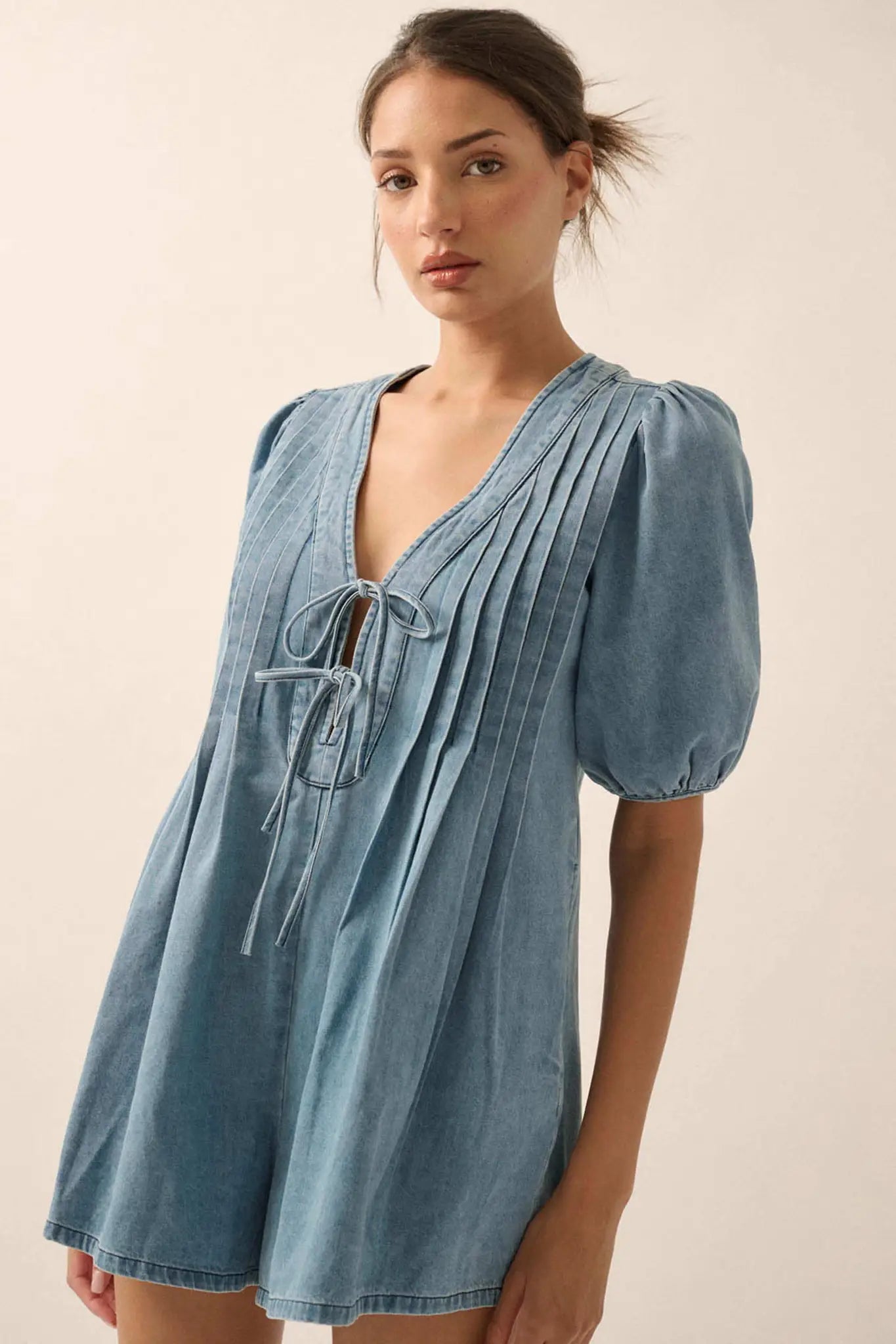 Denim Princess Pleated Puff-Sleeve Babydoll Romper