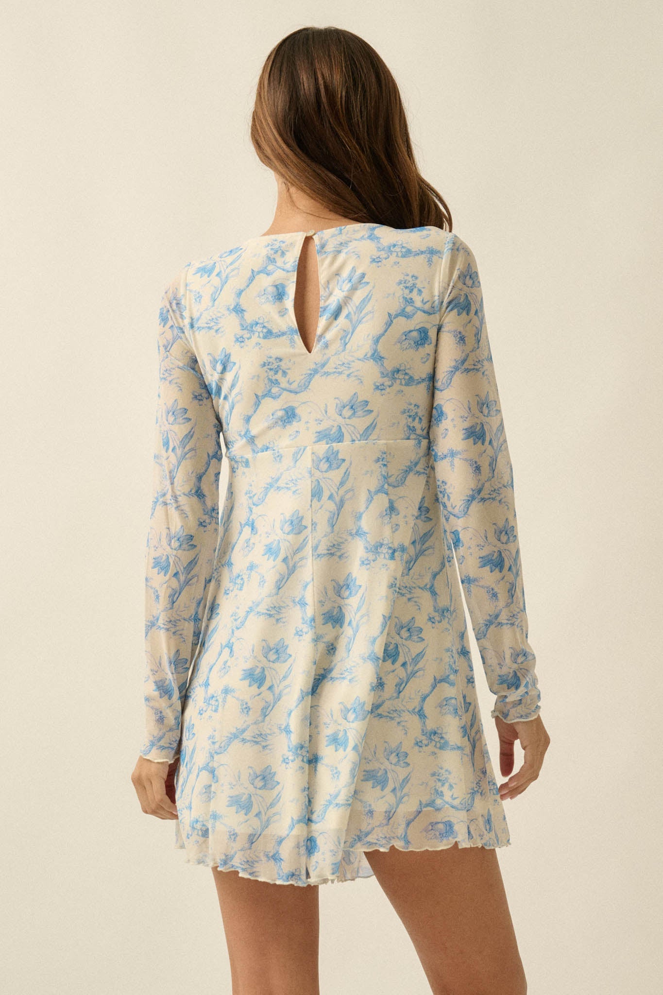 Fleur Douce Floral-Print Mesh Long-Sleeve Romper