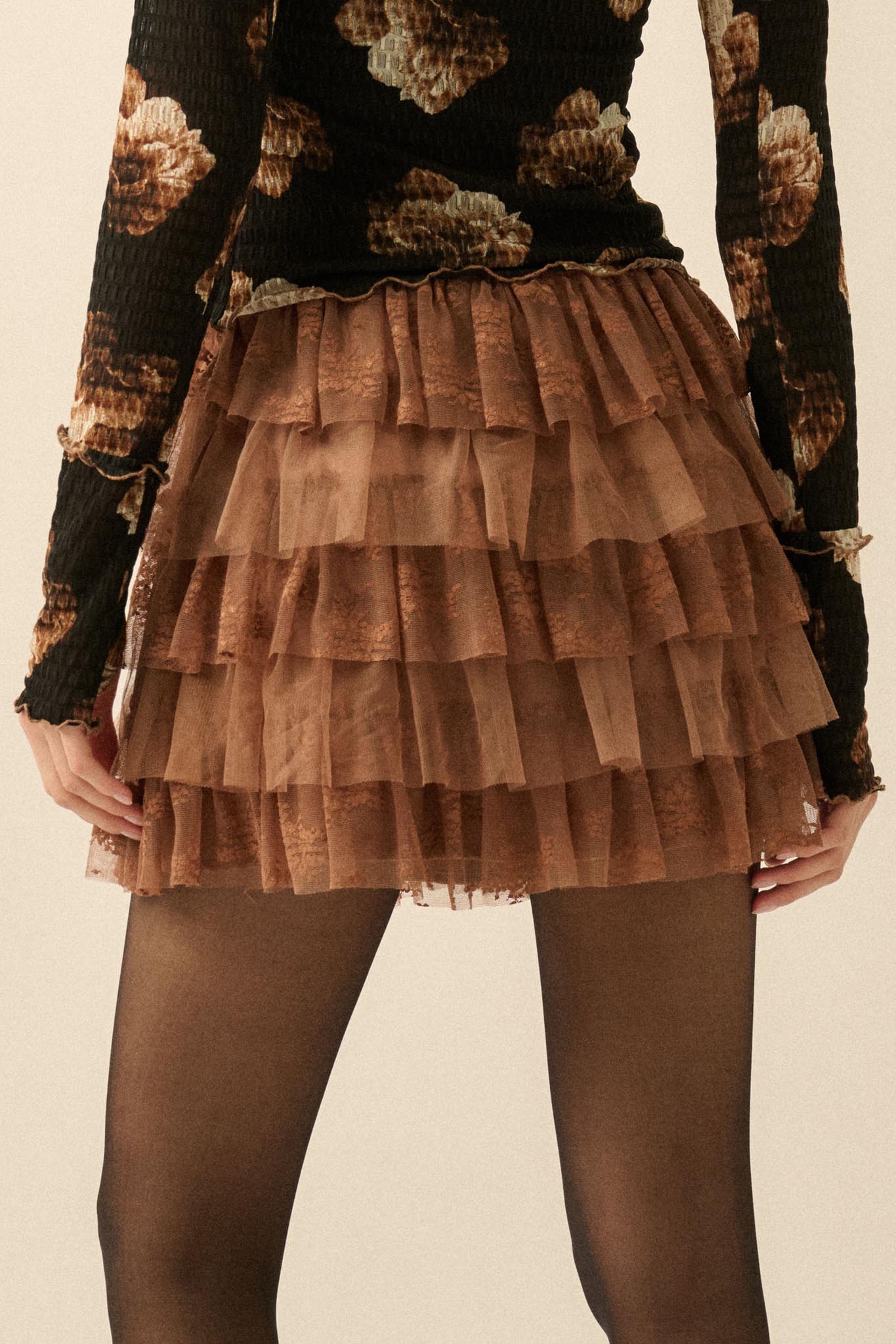 Dolled Up Lace and Mesh Tiered Ruffle Mini Skirt