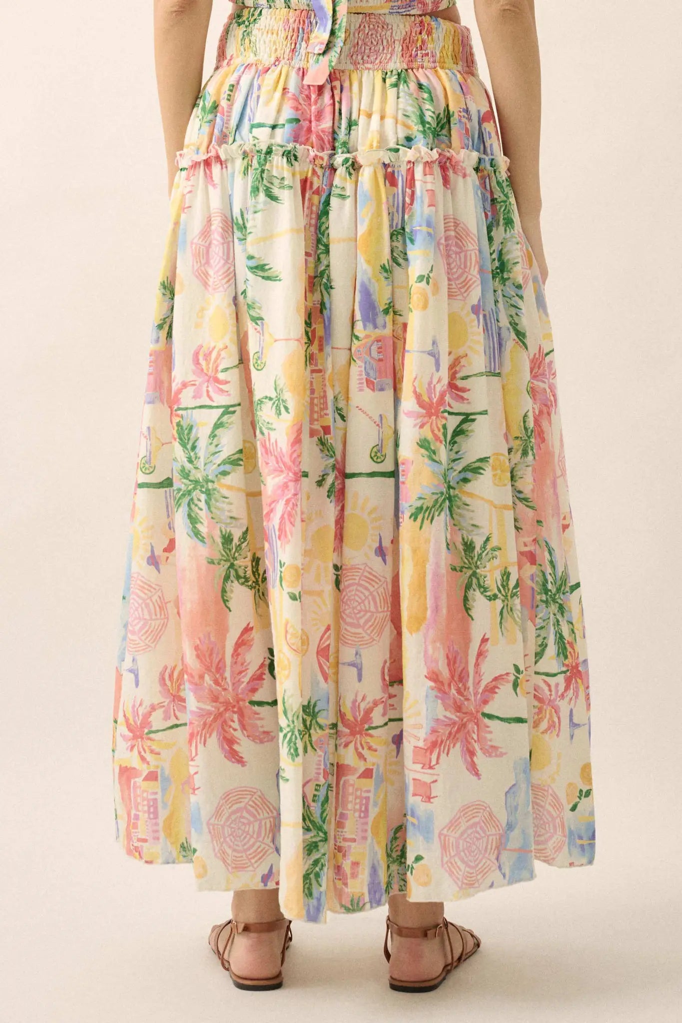 Paradise Found Tropical-Print Smocked Maxi Skirt