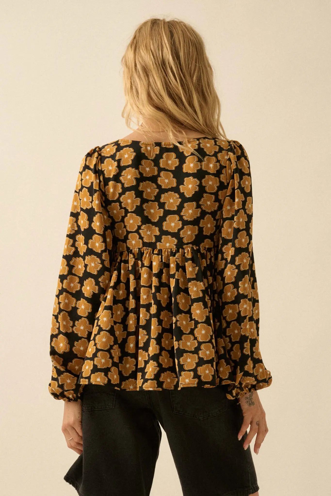 Bygone Blossoms Floral Smocked Babydoll Peasant Top
