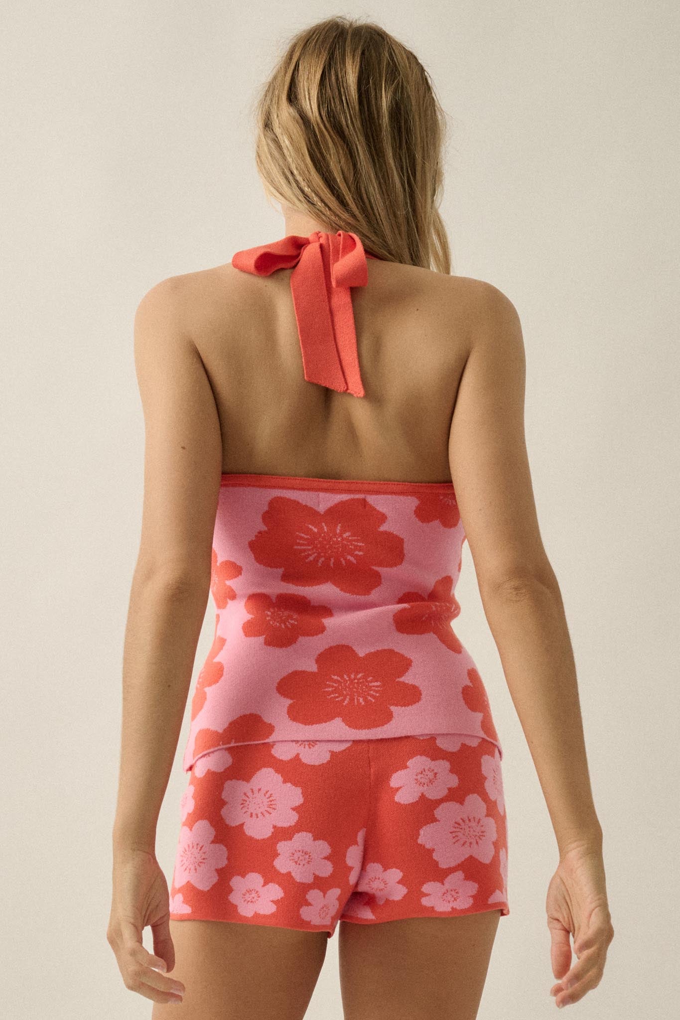 Flower Fun Floral Jacquard-Knit Sweater Halter Top