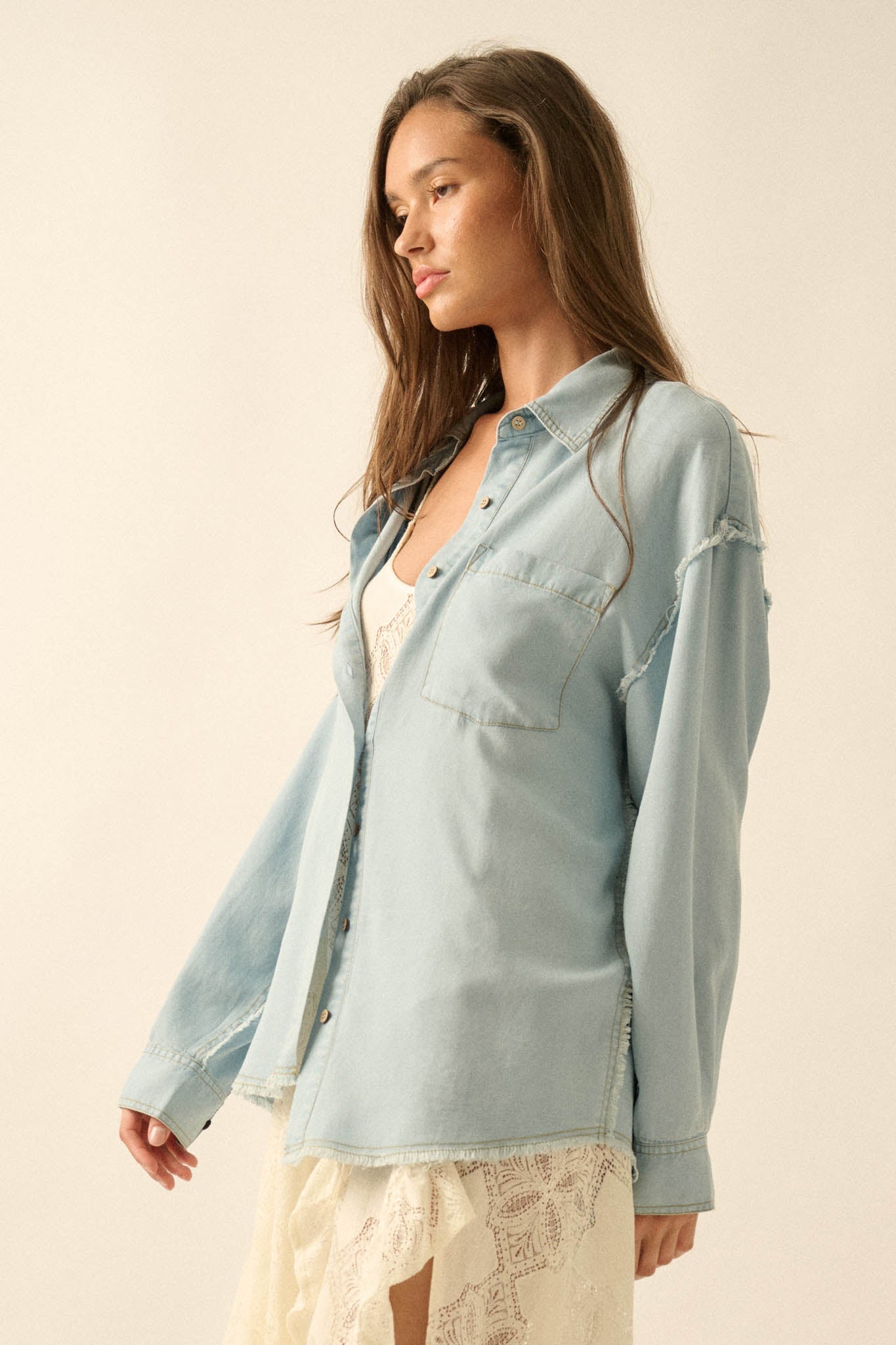 Blue Collar Denim Raw-Edge Button-Up Pocket Shirt