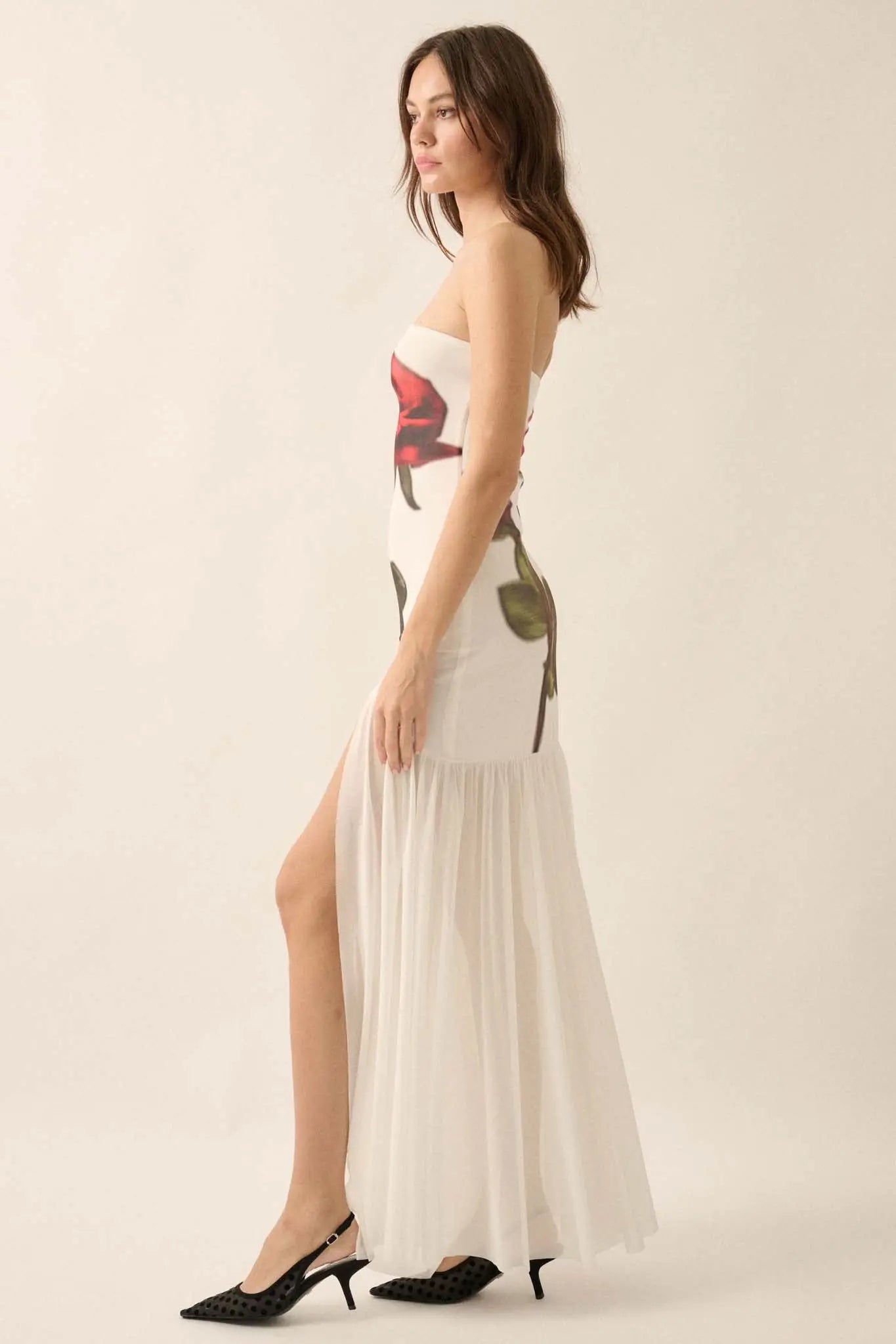 Rose Tattoo Printed Mesh Strapless Maxi Dress