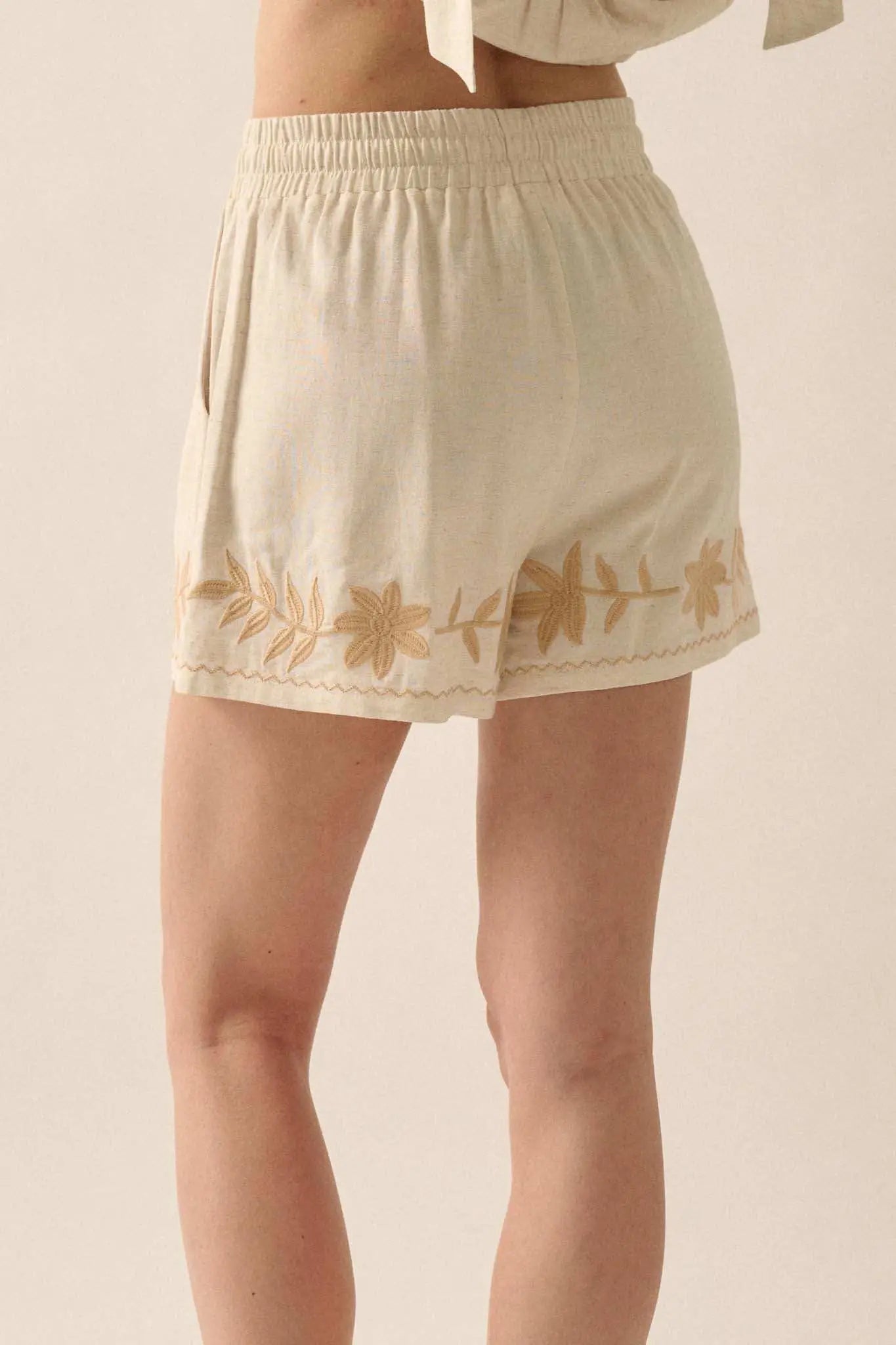 Rustic Blooms Floral Embroidered Linen-Blend Shorts