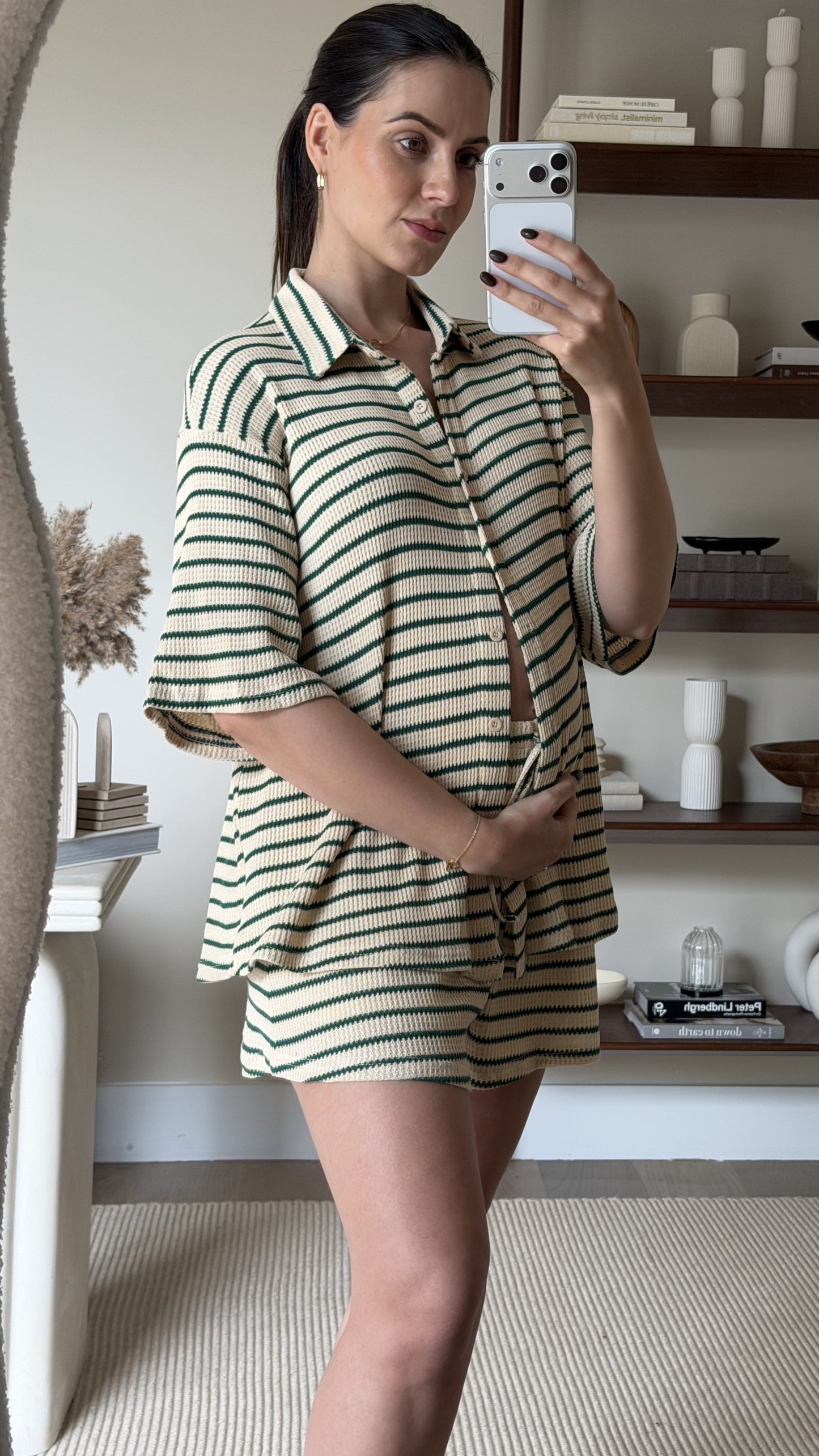 Lacole Button Up Shirt and Shorts Set - Beige / Green Stripe