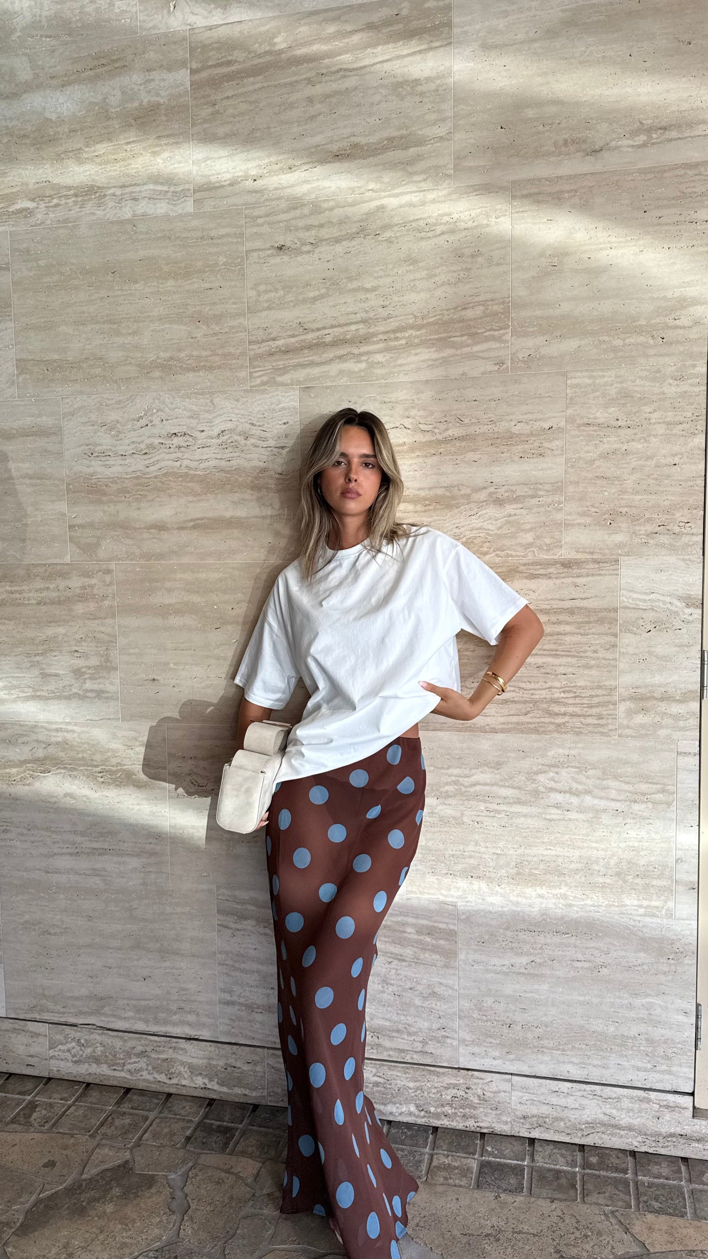 Yumi Oversized Tee and Sheer Skirt Set - White/Brown/Blue Polka