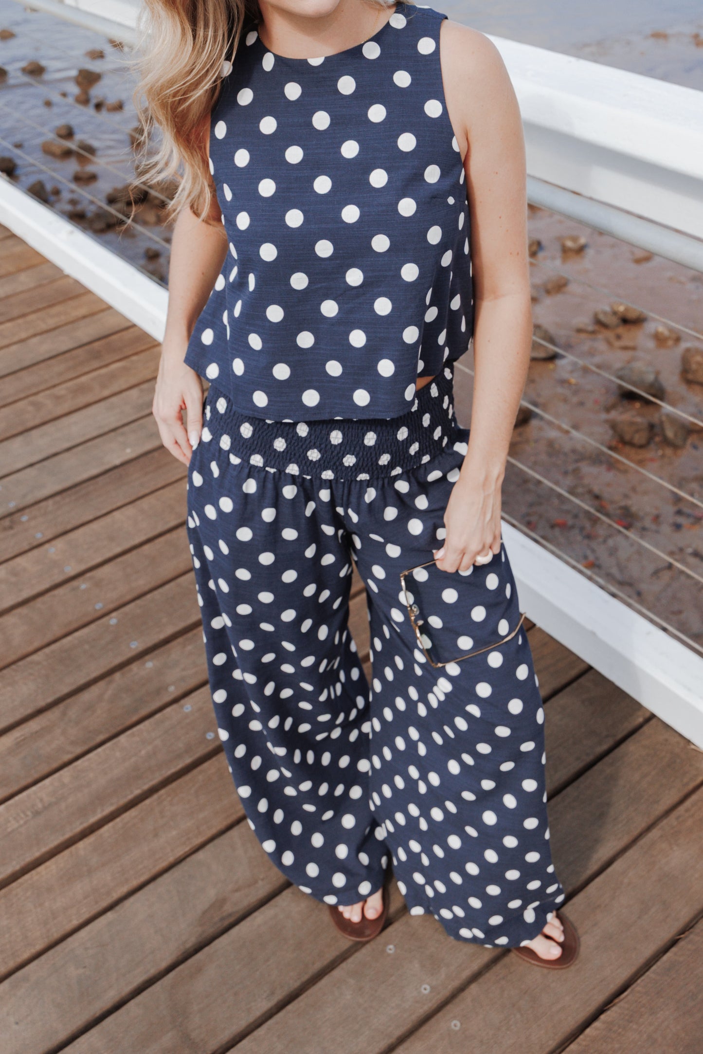Jillian Smocked Pant Set - Navy Polka Dot