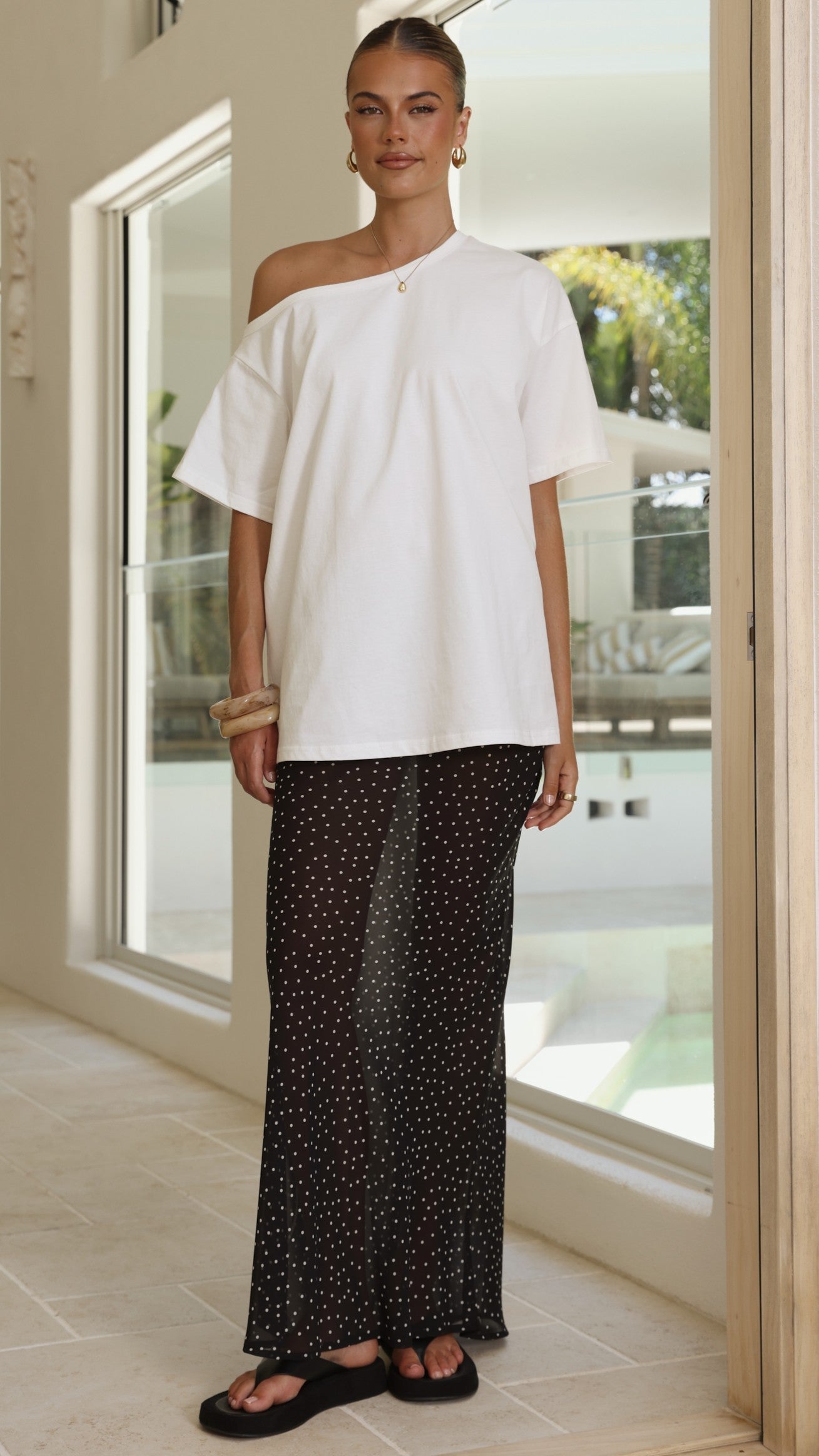 Elena Top and Maxi Skirt Set - White/Black Polka