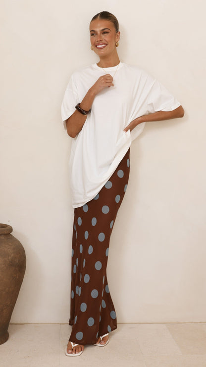 Yumi Oversized Tee and  Sheer Skirt Set - White/Brown/Blue Polka