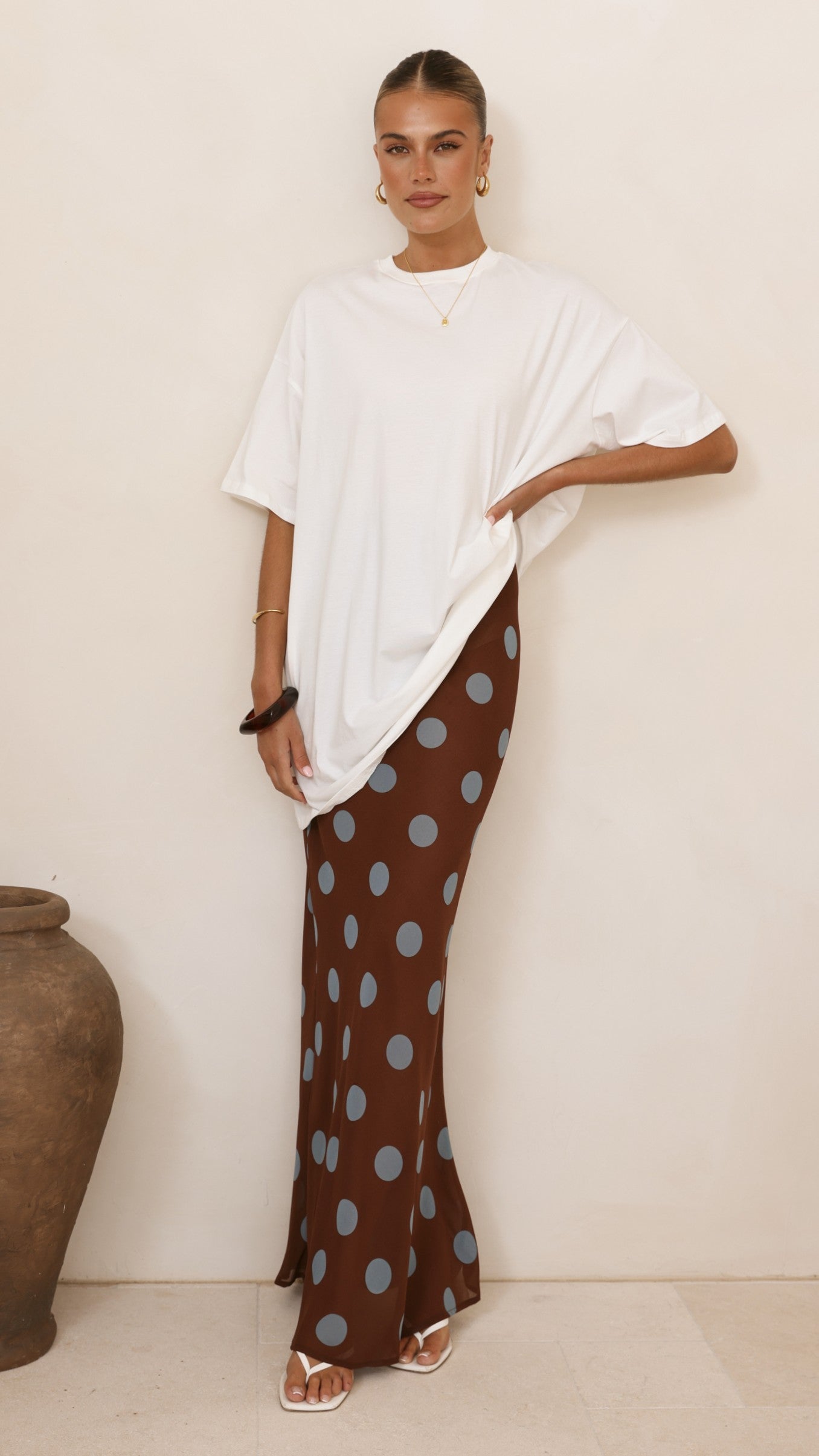 Yumi Oversized Tee and  Sheer Skirt Set - White/Brown/Blue Polka