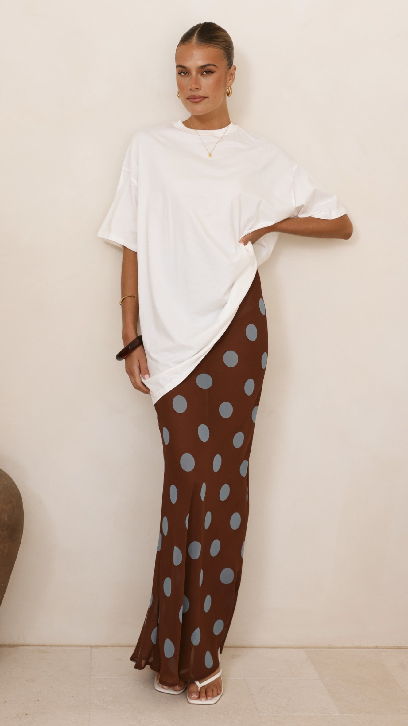 Yumi Oversized Tee and  Sheer Skirt Set - White/Brown/Blue Polka