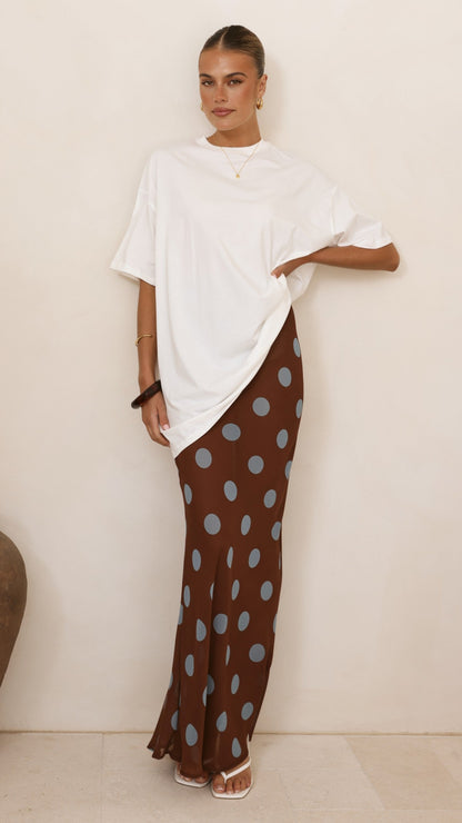 Yumi Oversized Tee and  Sheer Skirt Set - White/Brown/Blue Polka