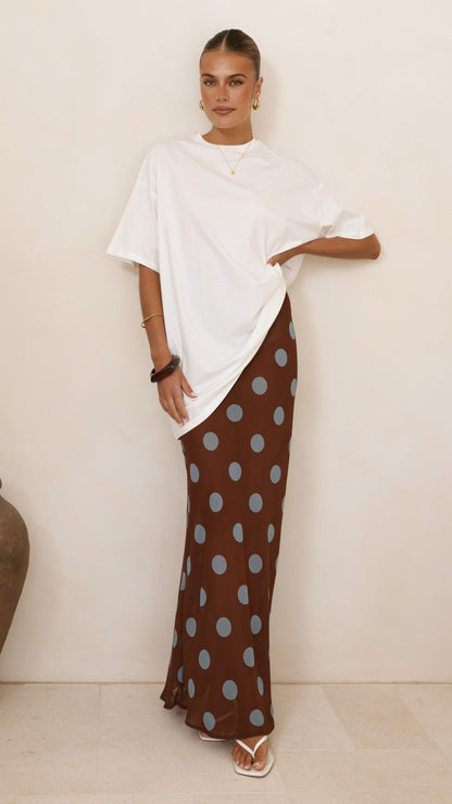 Yumi Oversized Tee and  Sheer Skirt Set - White/Brown/Blue Polka