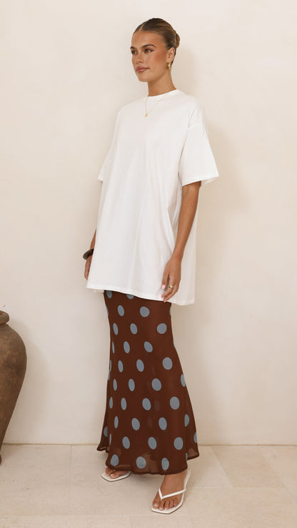 Yumi Oversized Tee and  Sheer Skirt Set - White/Brown/Blue Polka