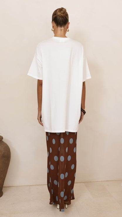 Yumi Oversized Tee and  Sheer Skirt Set - White/Brown/Blue Polka