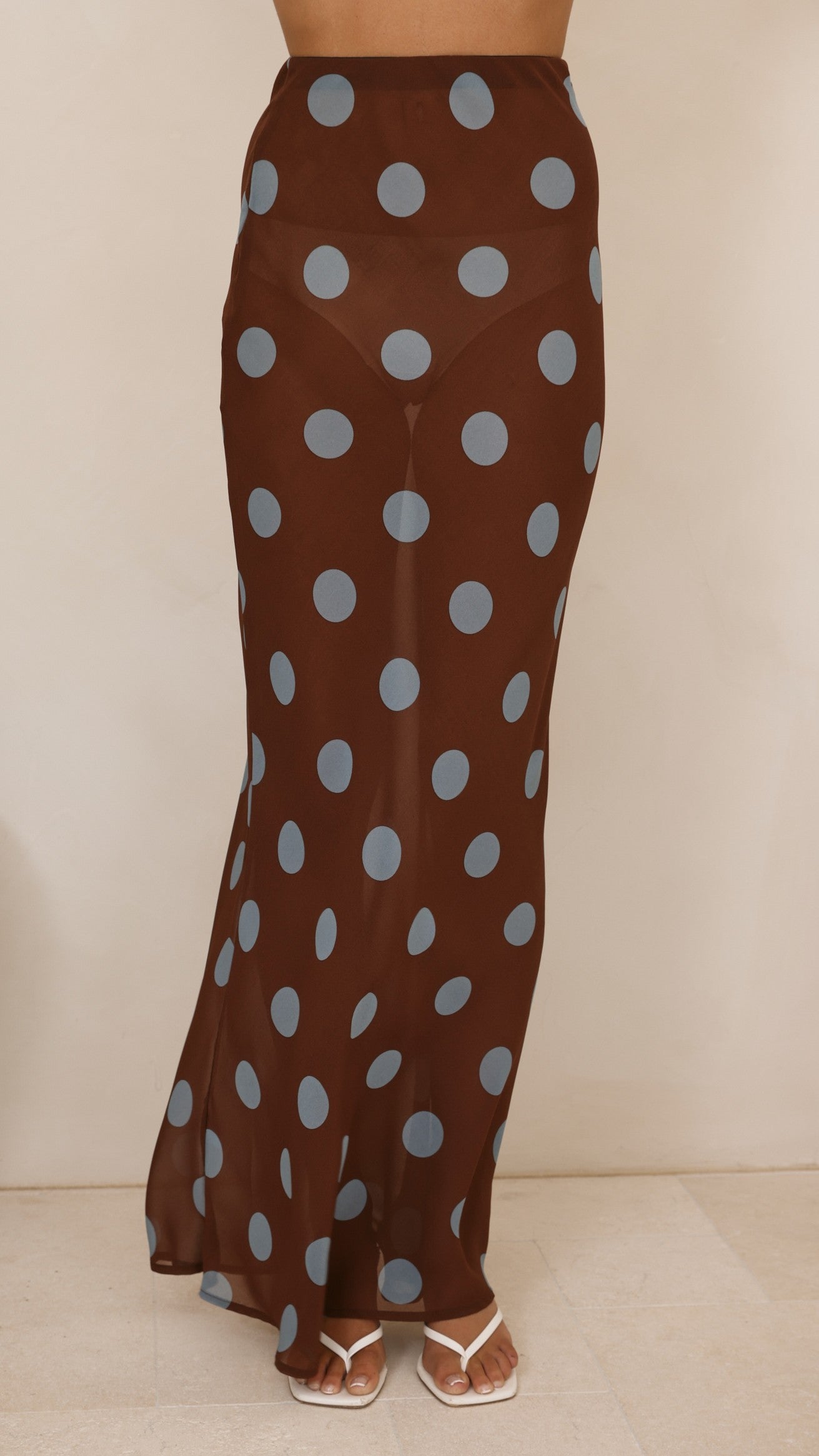 Yumi Oversized Tee and  Sheer Skirt Set - White/Brown/Blue Polka