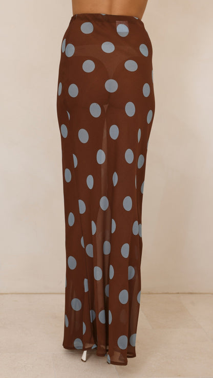 Yumi Oversized Tee and  Sheer Skirt Set - White/Brown/Blue Polka