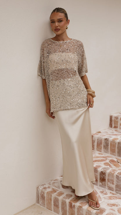 Zinnia Oversized Sequins Tee - Beige