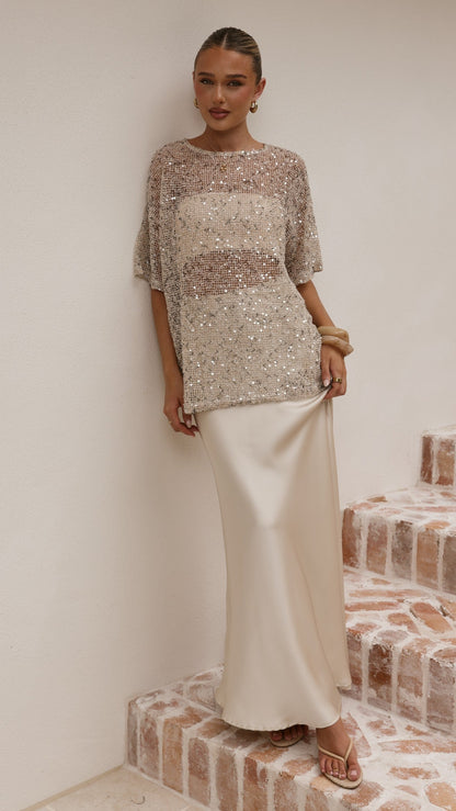 Zinnia Oversized Sequins Tee - Beige