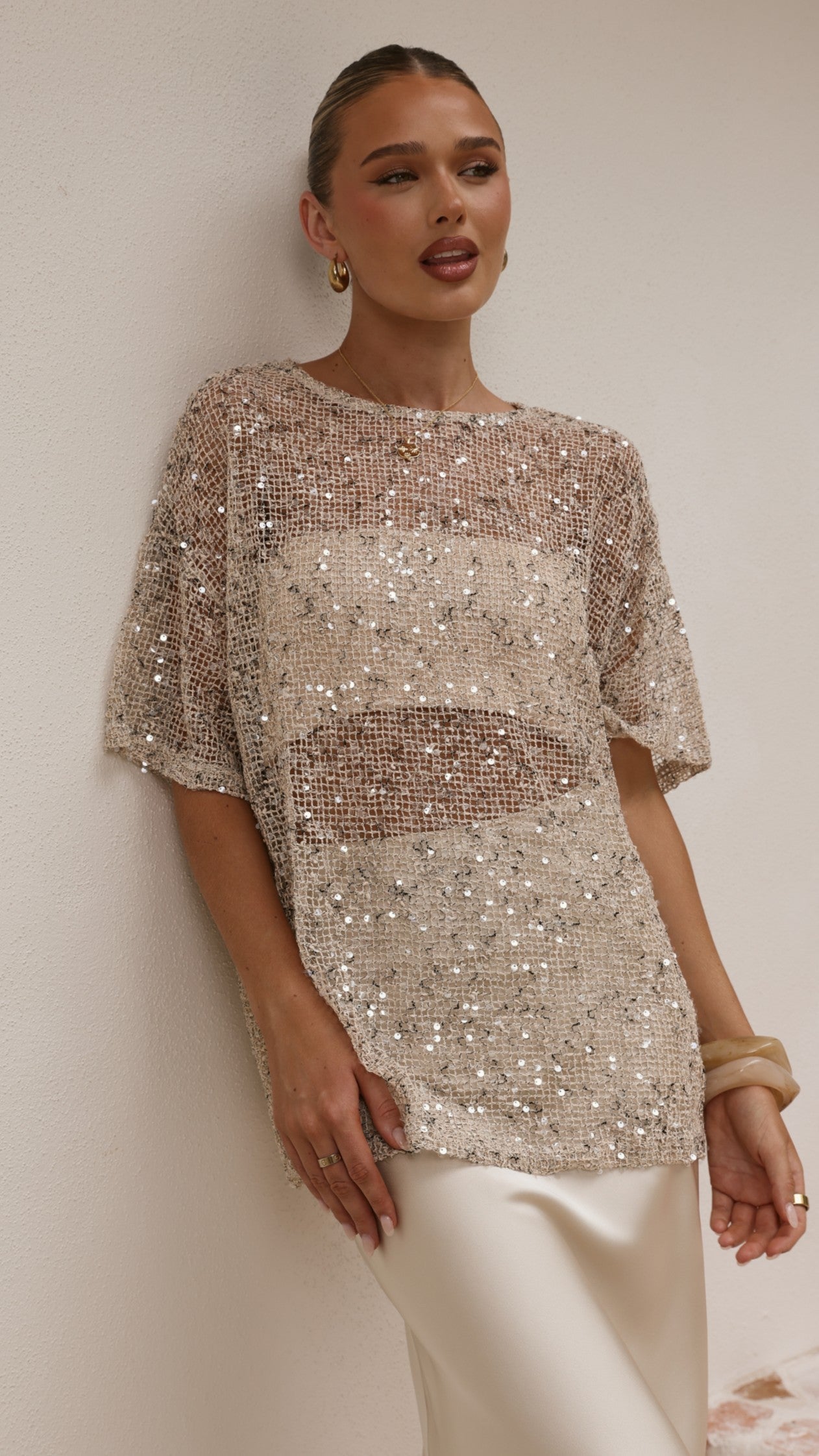 Zinnia Oversized Sequins Tee - Beige