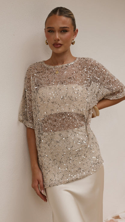Zinnia Oversized Sequins Tee - Beige