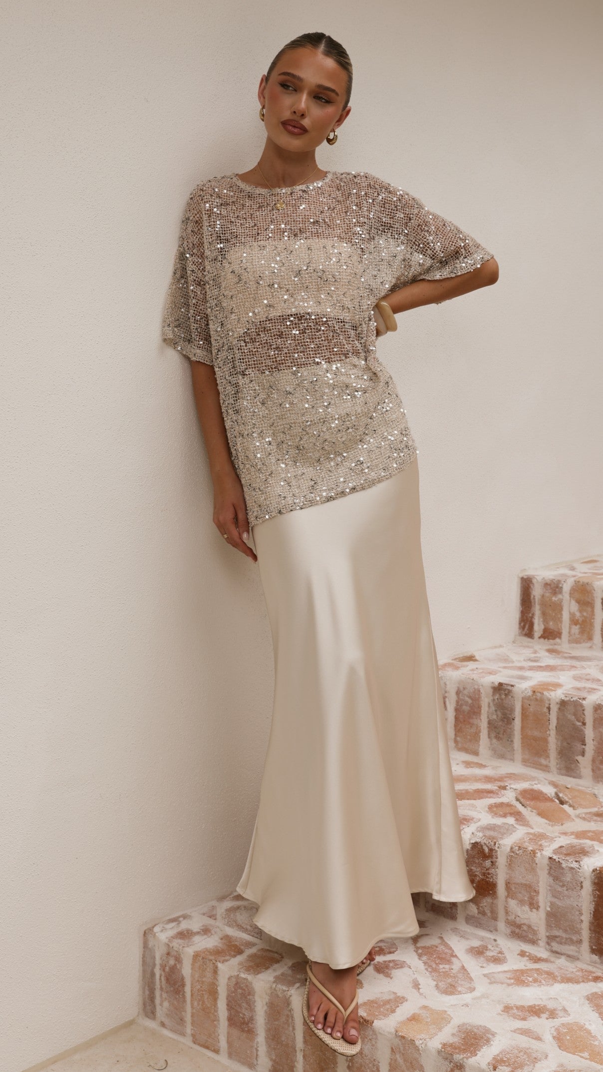 Zinnia Oversized Sequins Tee - Beige