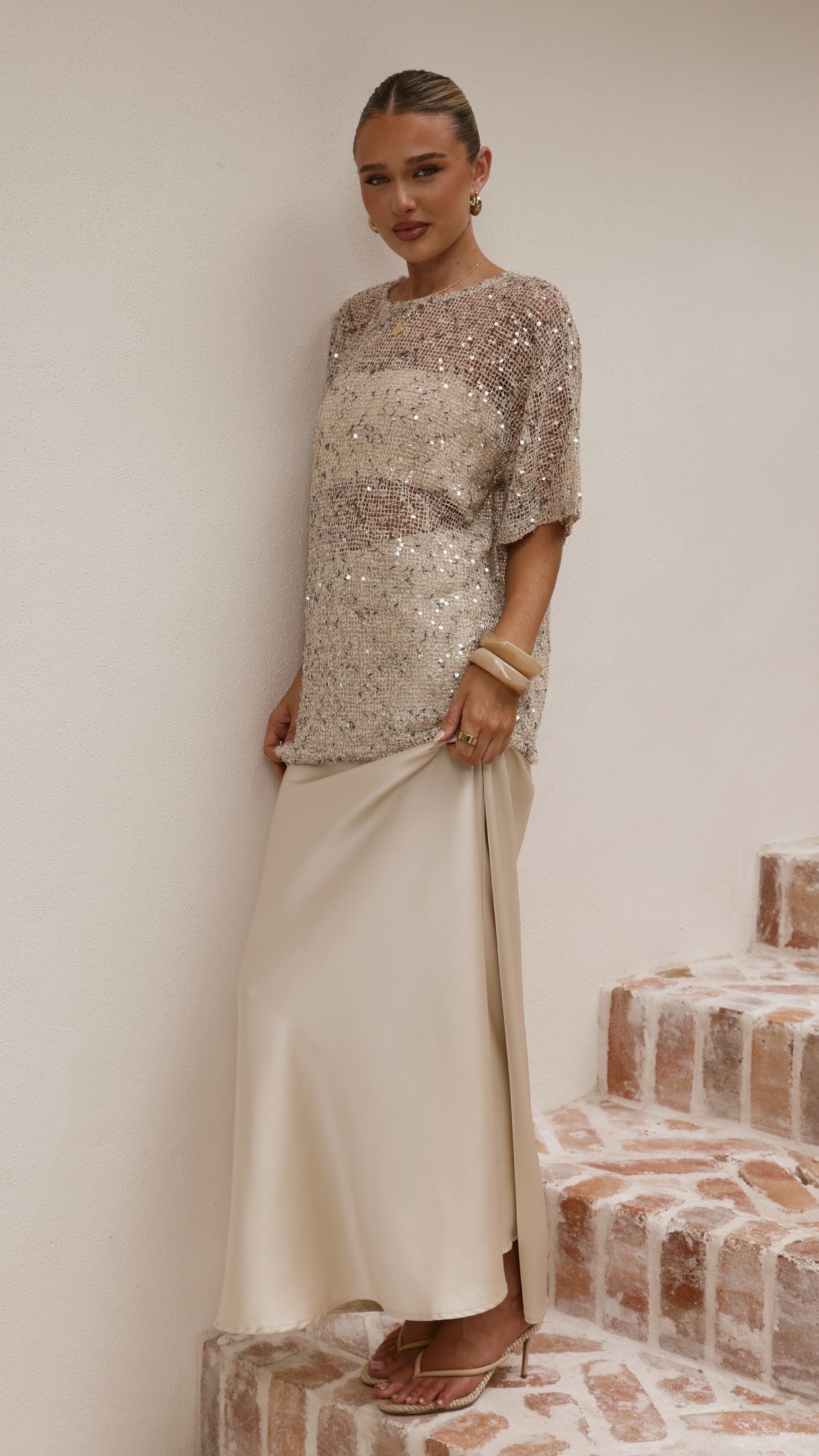 Zinnia Oversized Sequins Tee - Beige