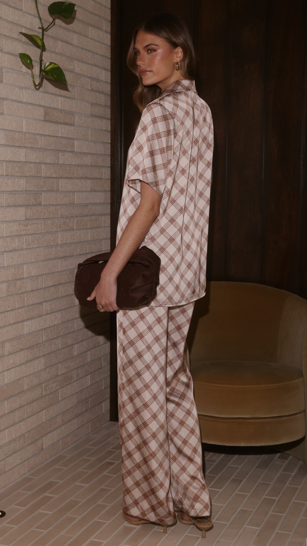 Imogen Button Pants - Brown Plaid